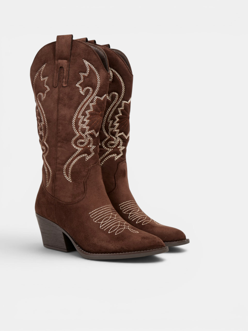 Botas cowboy de mujer con bordado floral en gamuza sintética, caña alta y tacón medio para otoño, invierno y looks casuales