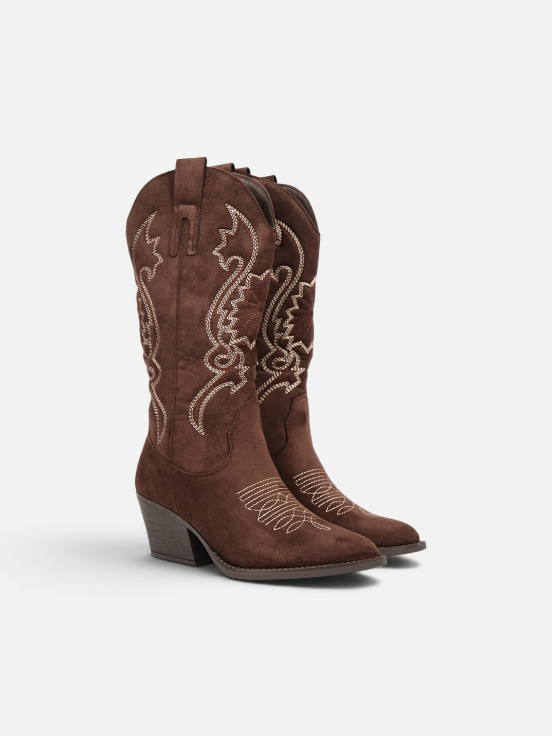 Botas cowboy de mujer con bordado floral en gamuza sintética, caña alta y tacón medio para otoño, invierno y looks casuales