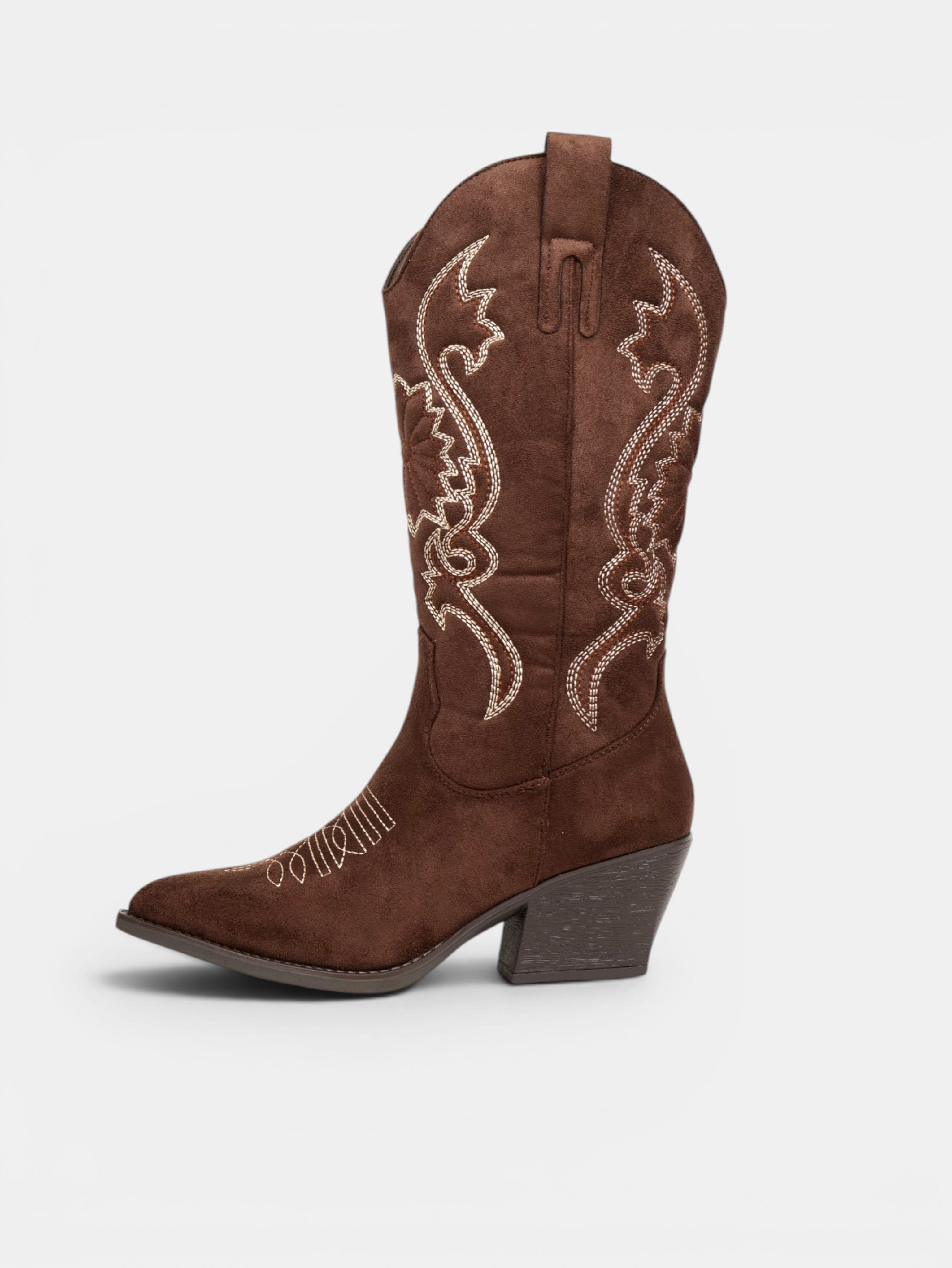 Botas cowboy de mujer con bordado floral en gamuza sintética, caña alta y tacón medio para otoño, invierno y looks casuales