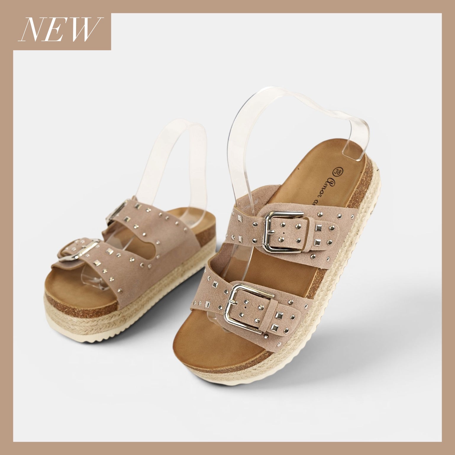 Sandalias Bio con Plataforma y Doble Hebilla de Velcro, Hebilla con Tachuales, Tira Ancha de Crochet Floral