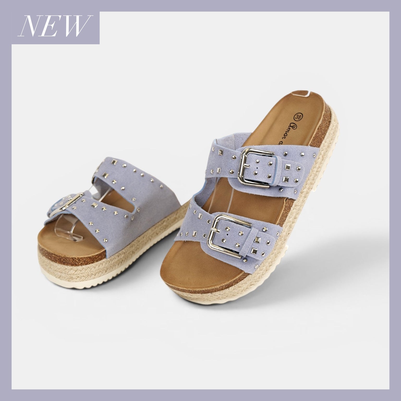 Sandalias Bio con Plataforma y Doble Hebilla de Velcro, Hebilla con Tachuales, Tira Ancha de Crochet Floral