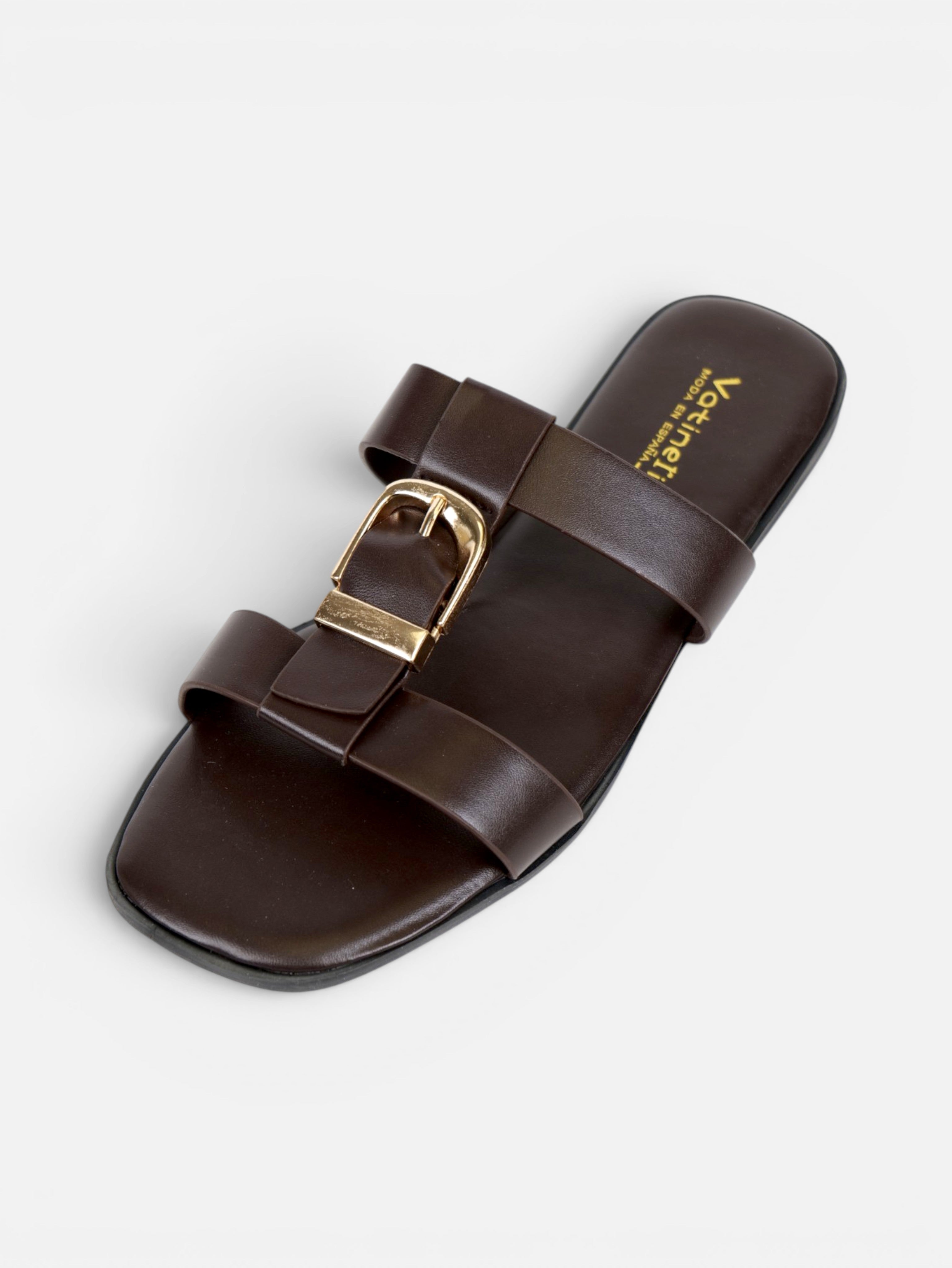 Sandalias planas para mujer con hebilla dorada decorativa, puntera cuadrada y tira para el dedo, estilo minimalista verano
