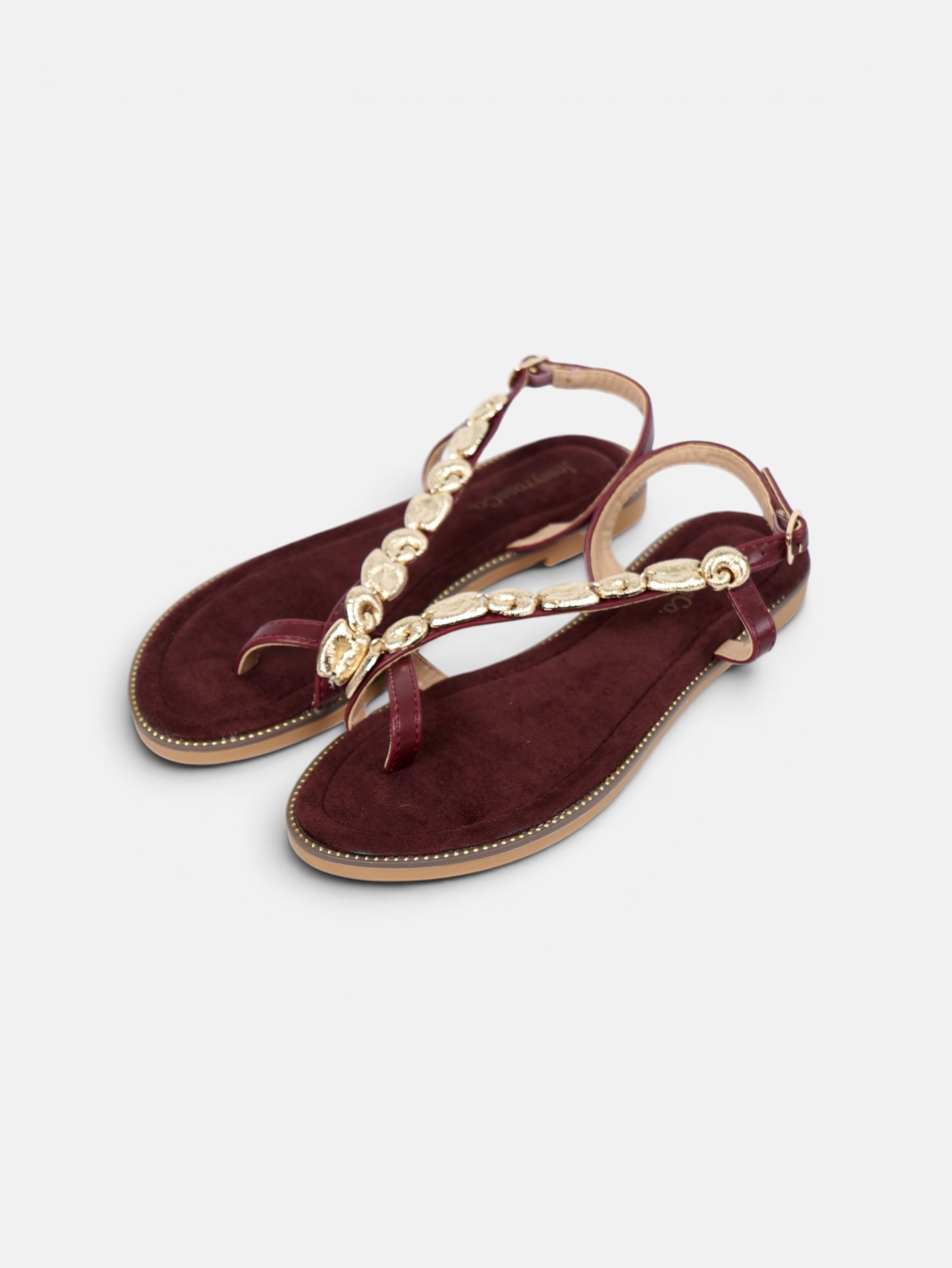 Sandalias planas de dedo para mujer con adorno dorado, pulsera ajustable y plantilla acolchada