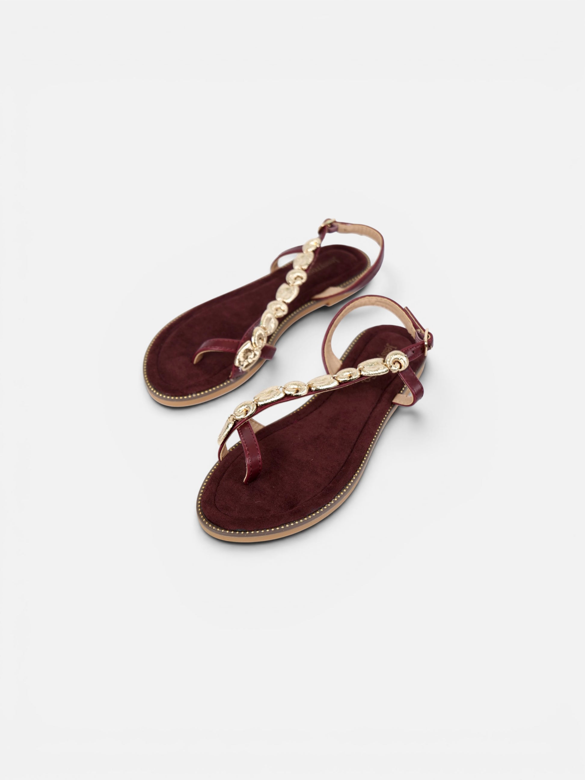 Sandalias planas de dedo para mujer con adorno dorado, pulsera ajustable y plantilla acolchada