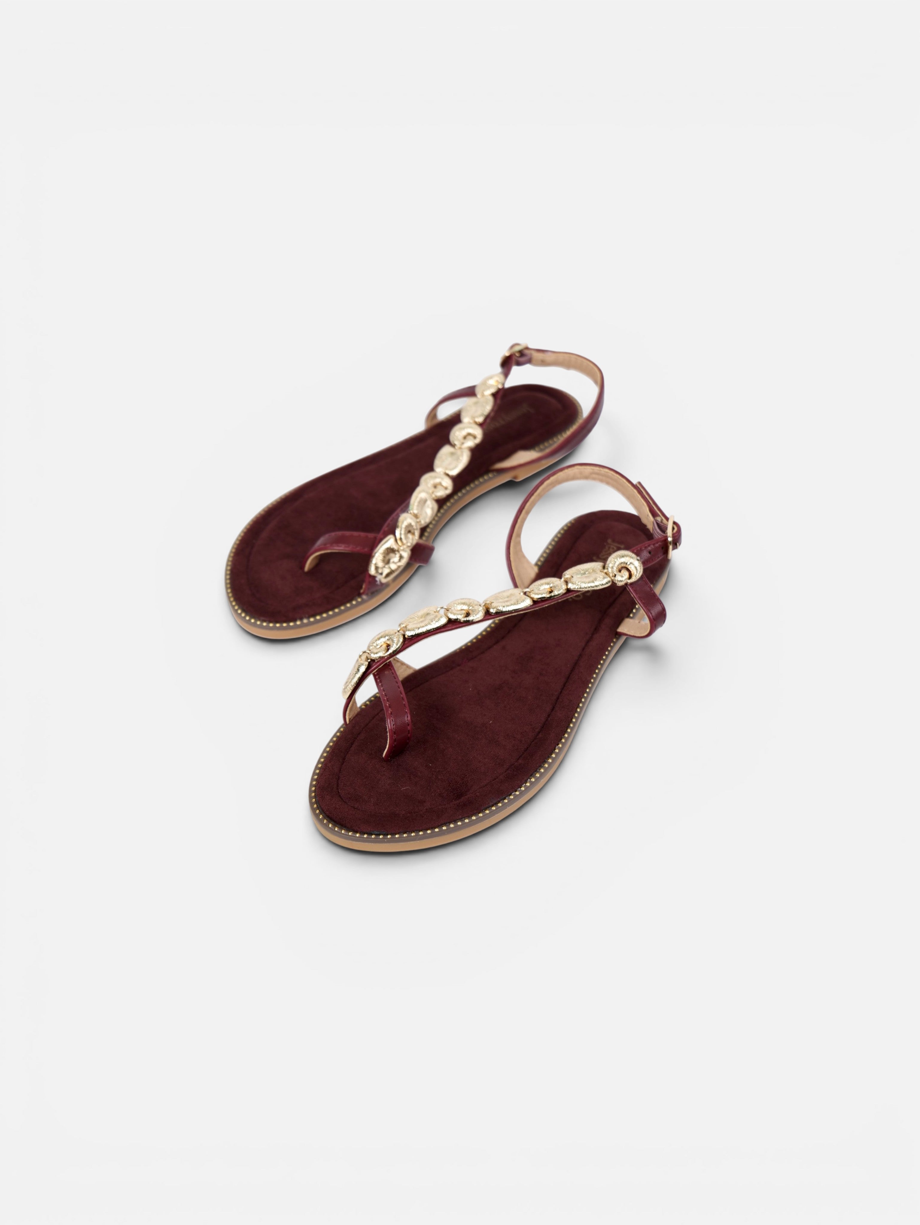 Sandalias planas de dedo para mujer con adorno dorado, pulsera ajustable y plantilla acolchada