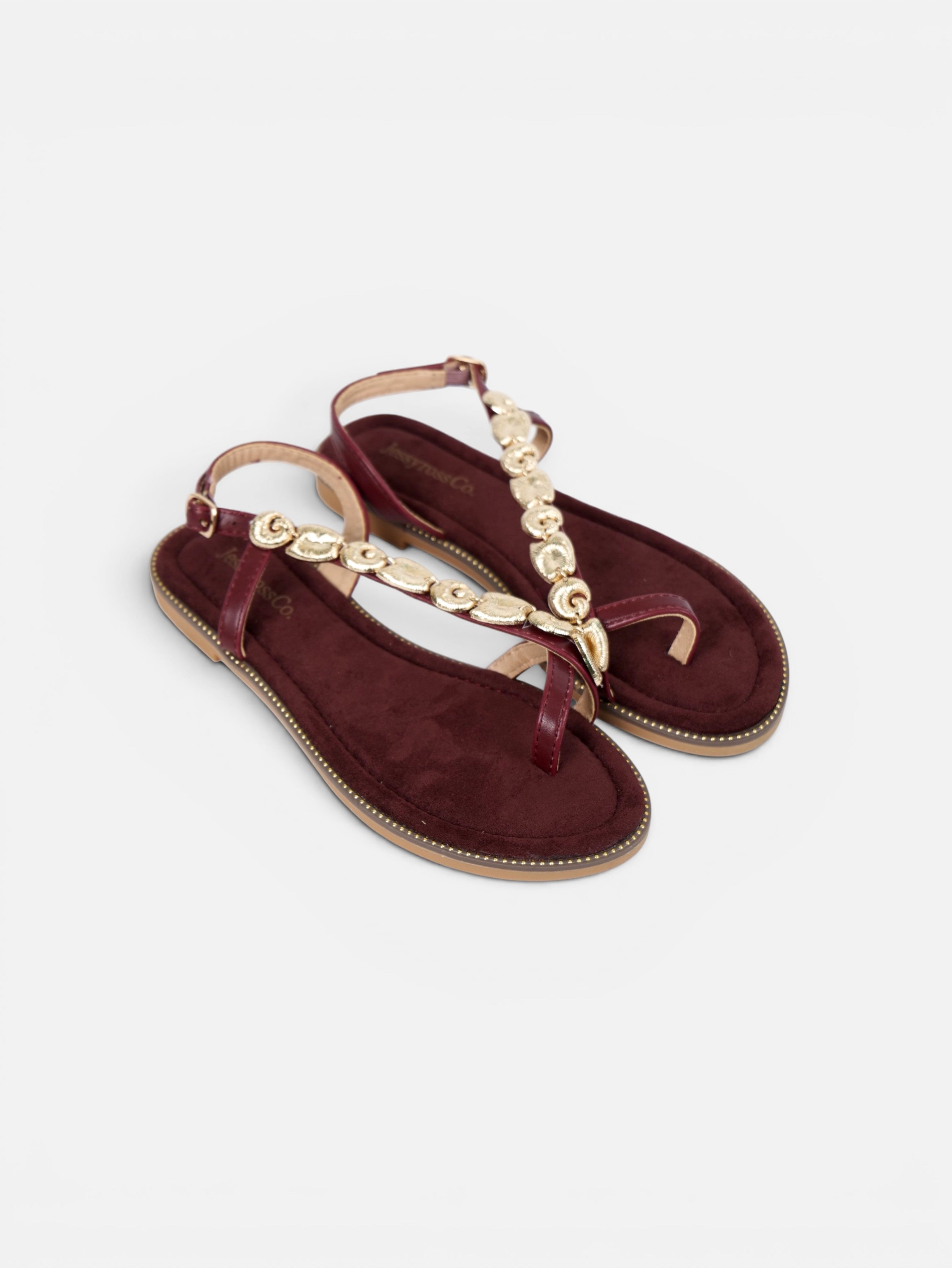 Sandalias planas de dedo para mujer con adorno dorado, pulsera ajustable y plantilla acolchada