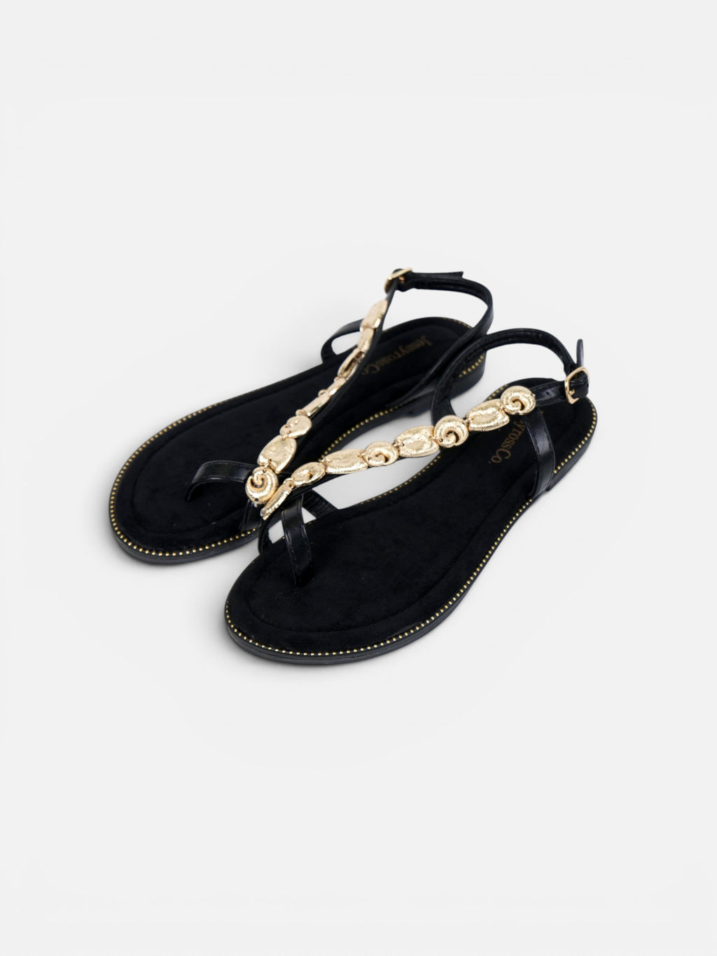 Sandalias planas de dedo para mujer con adorno dorado, pulsera ajustable y plantilla acolchada