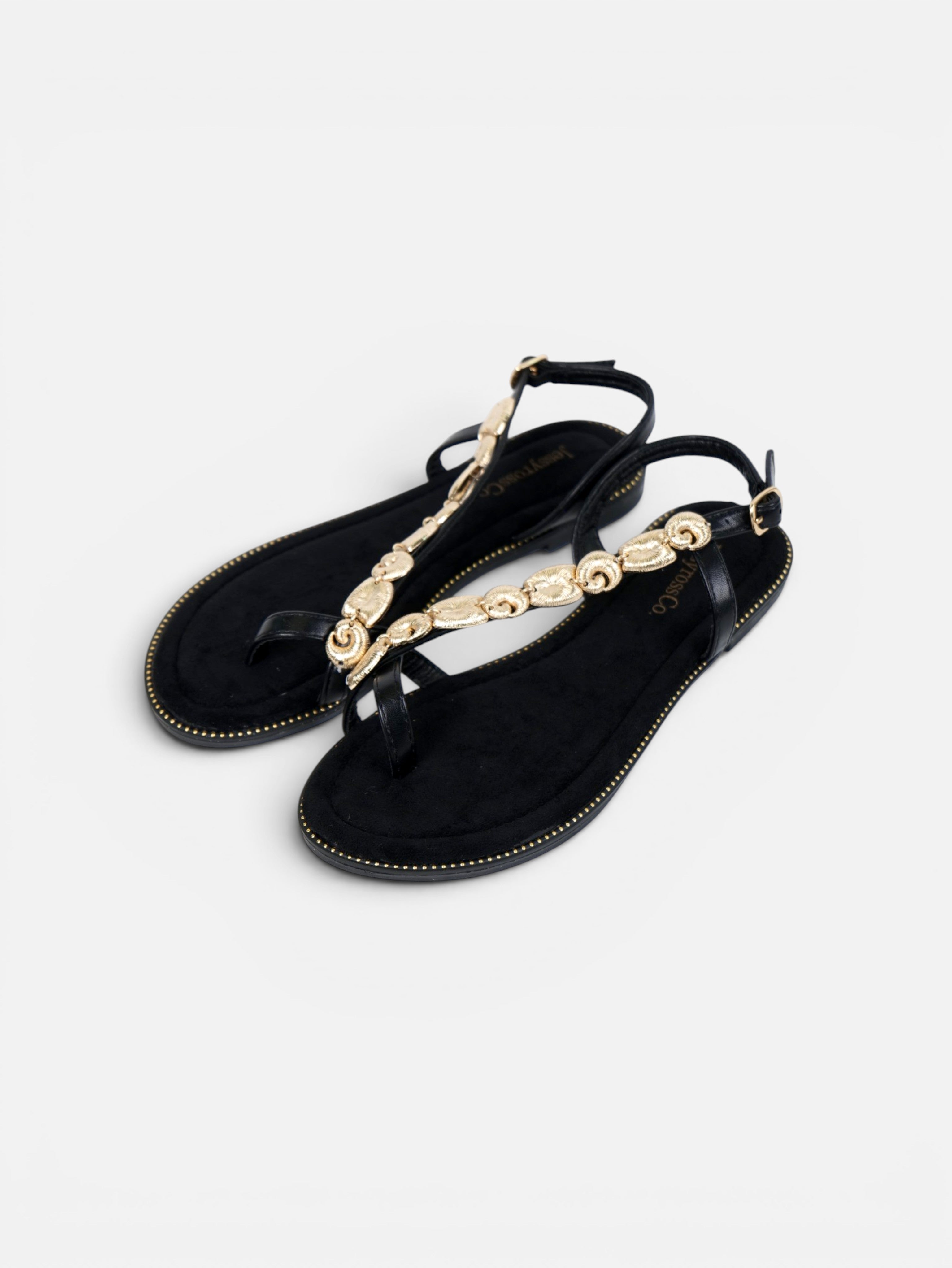 Sandalias planas de dedo para mujer con adorno dorado, pulsera ajustable y plantilla acolchada