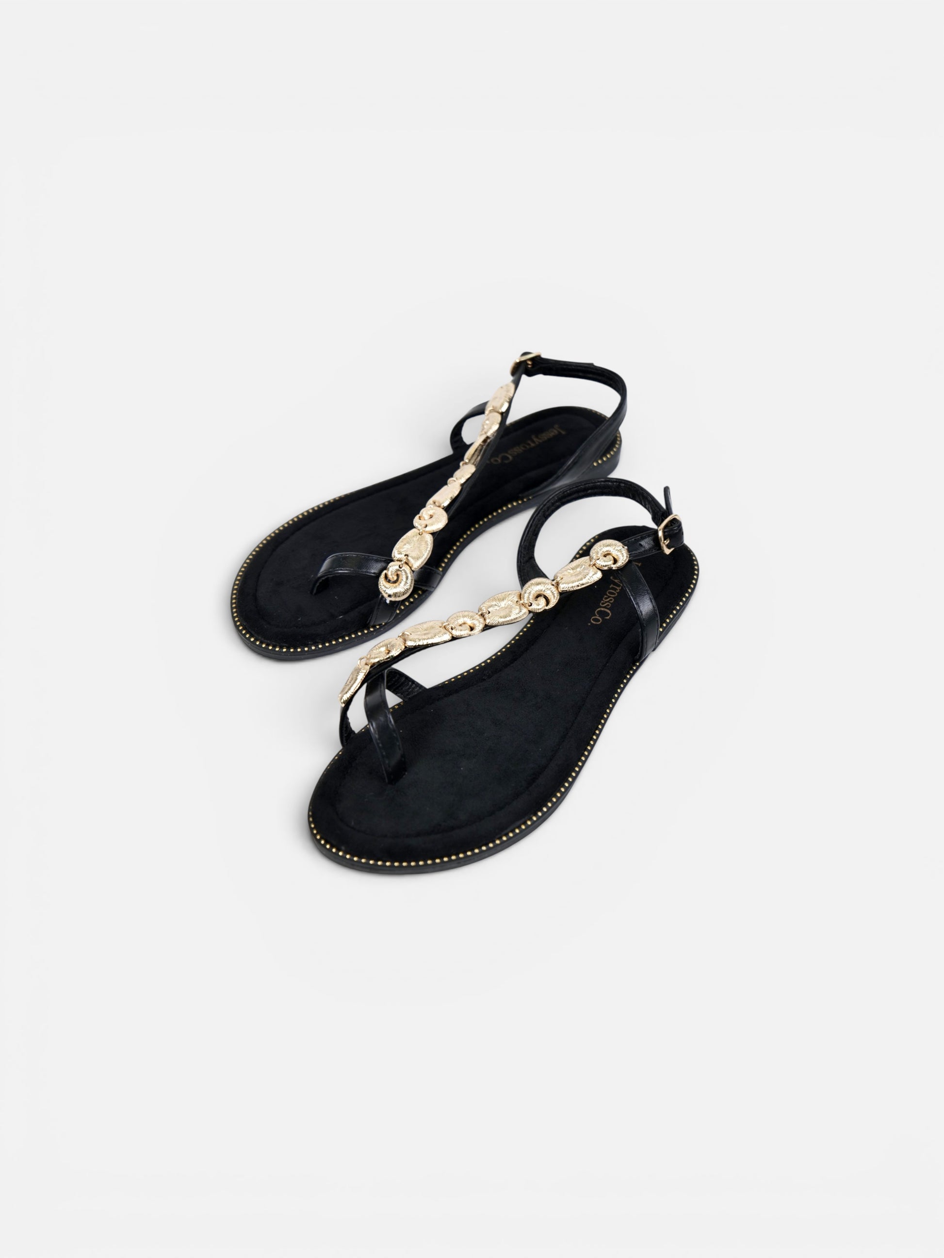 Sandalias planas de dedo para mujer con adorno dorado, pulsera ajustable y plantilla acolchada