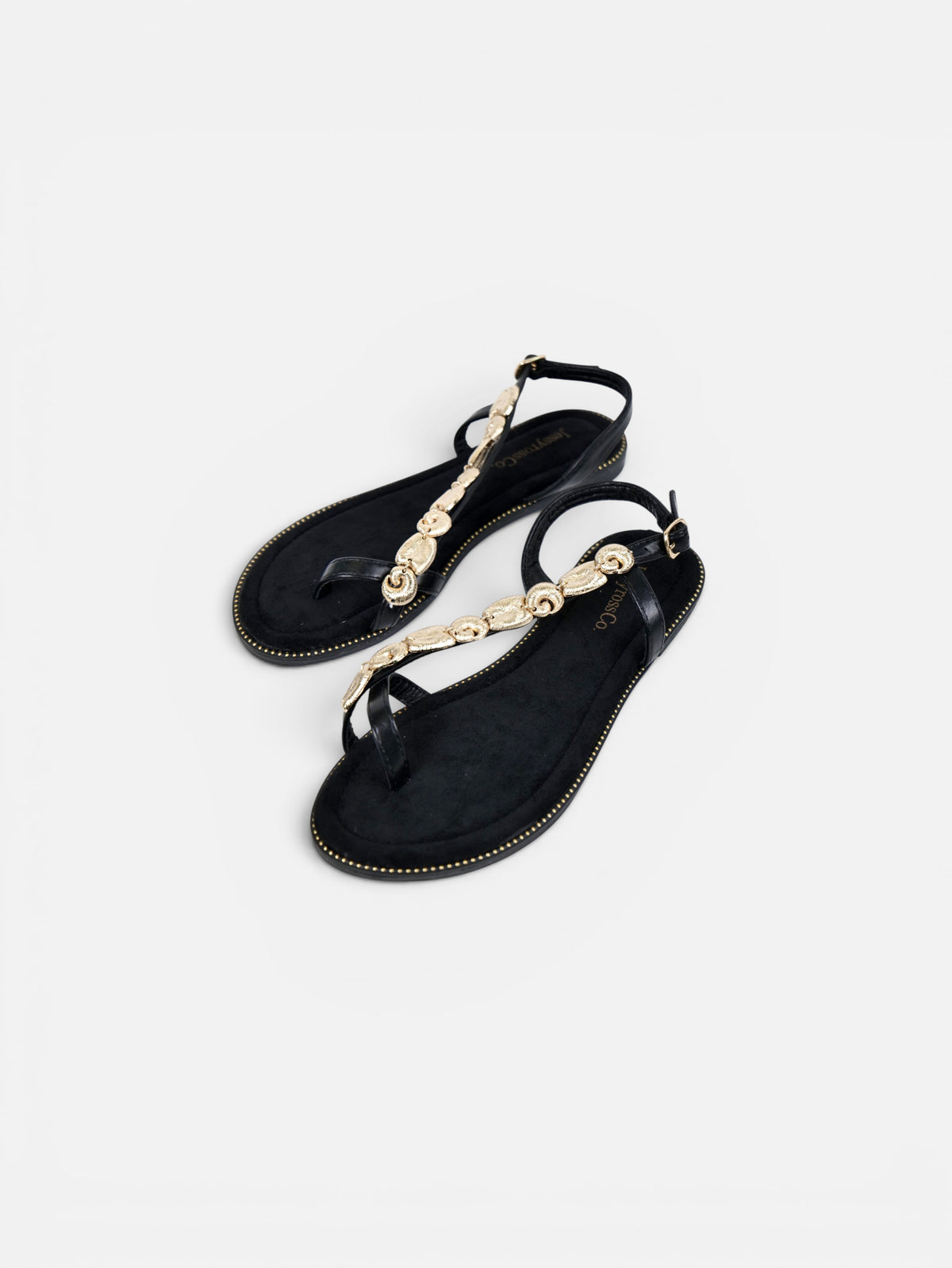 Sandalias planas de dedo para mujer con adorno dorado, pulsera ajustable y plantilla acolchada