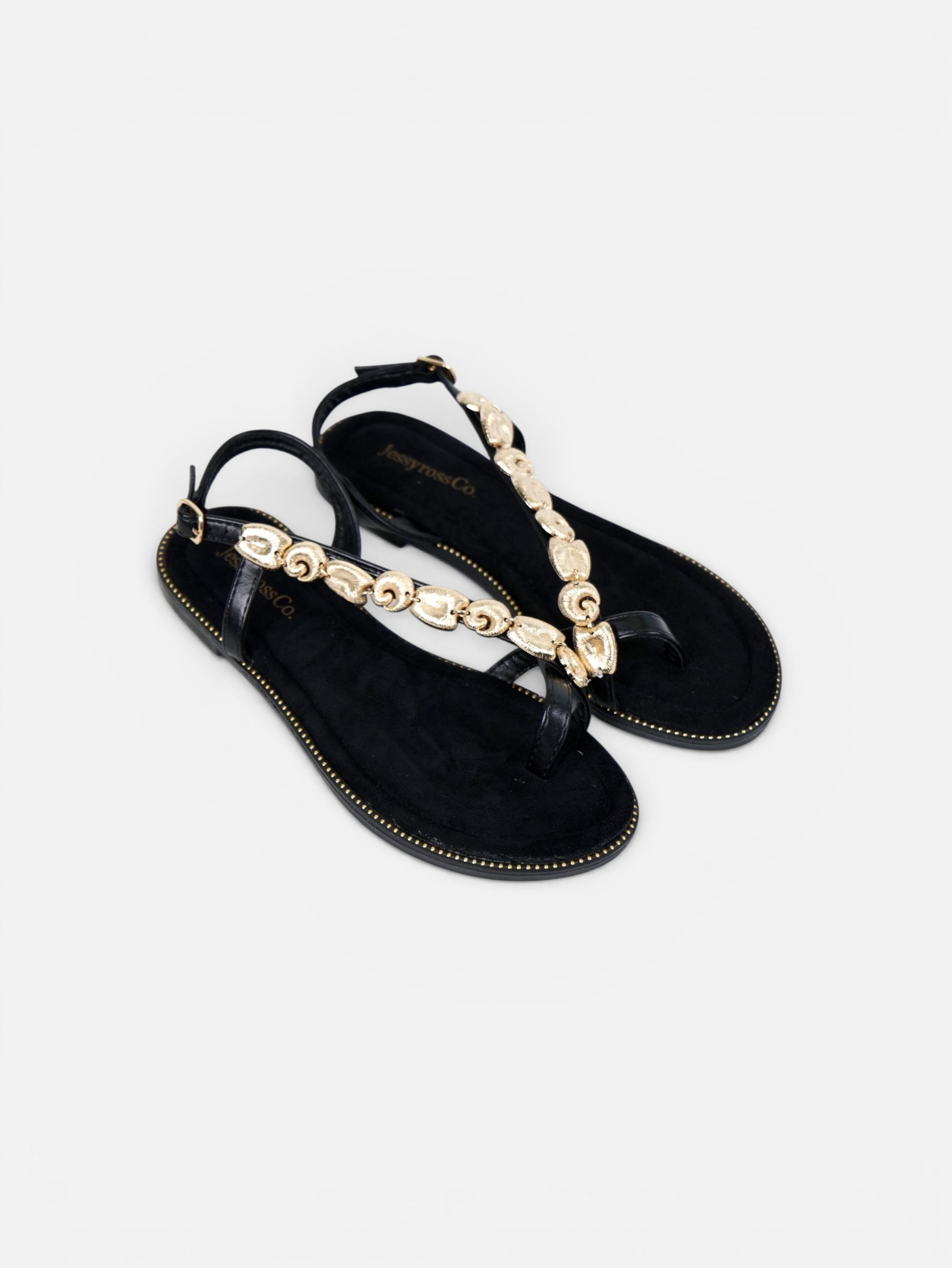 Sandalias planas de dedo para mujer con adorno dorado, pulsera ajustable y plantilla acolchada