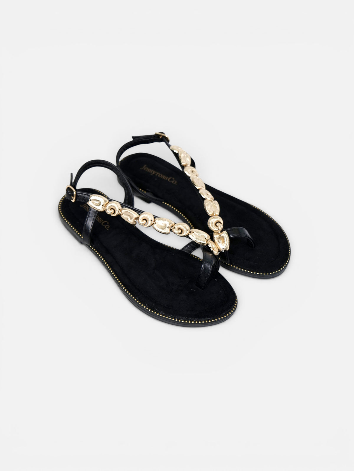 Sandalias planas de dedo para mujer con adorno dorado, pulsera ajustable y plantilla acolchada