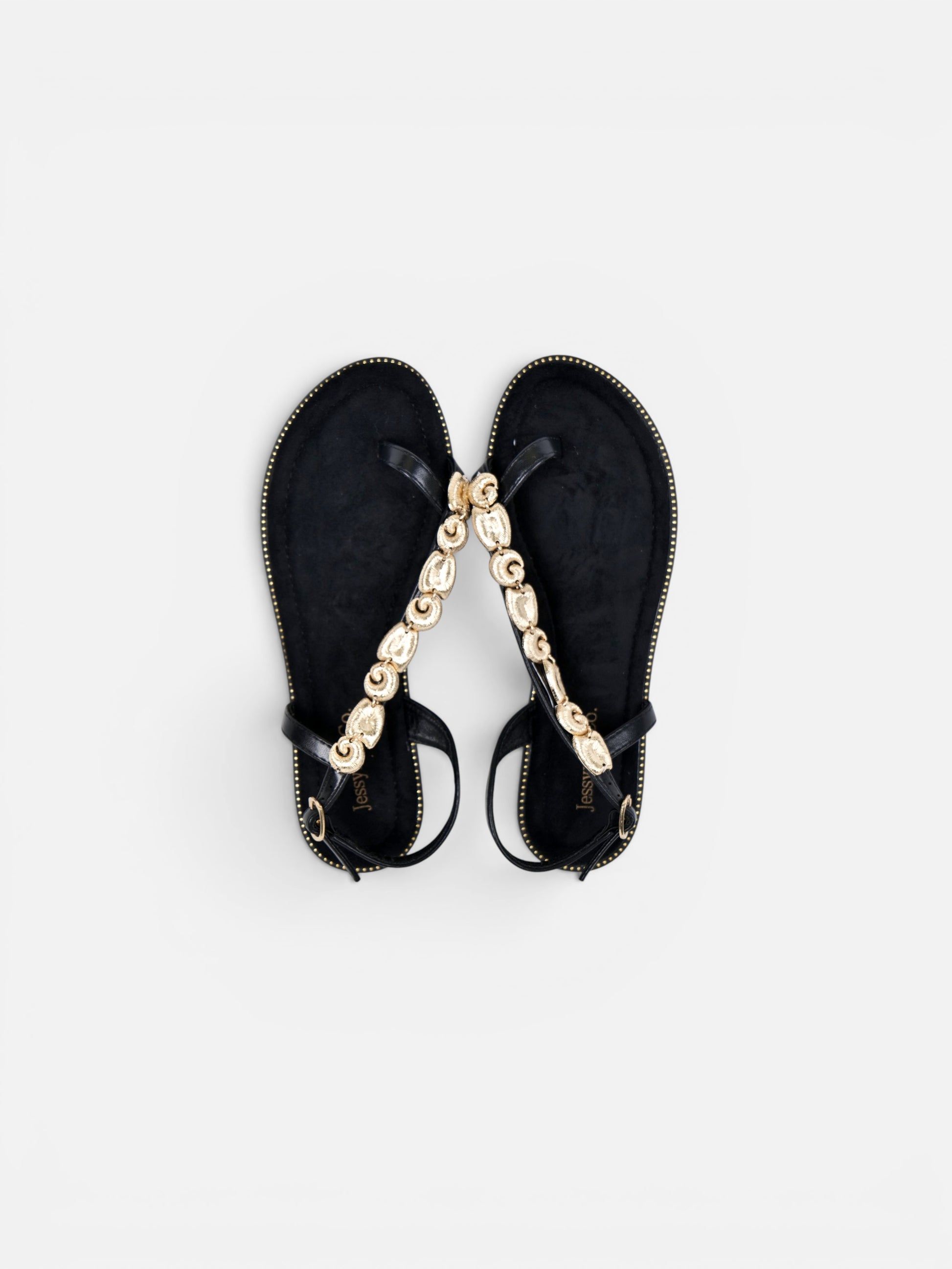 Sandalias planas de dedo para mujer con adorno dorado, pulsera ajustable y plantilla acolchada