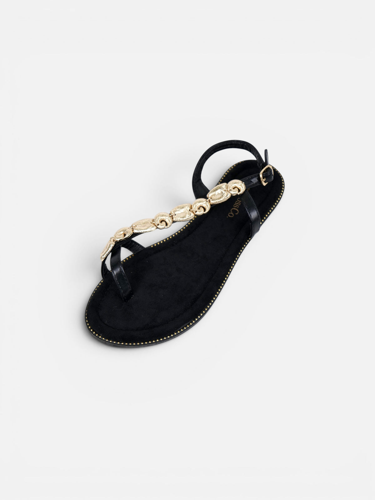 Sandalias planas de dedo para mujer con adorno dorado, pulsera ajustable y plantilla acolchada