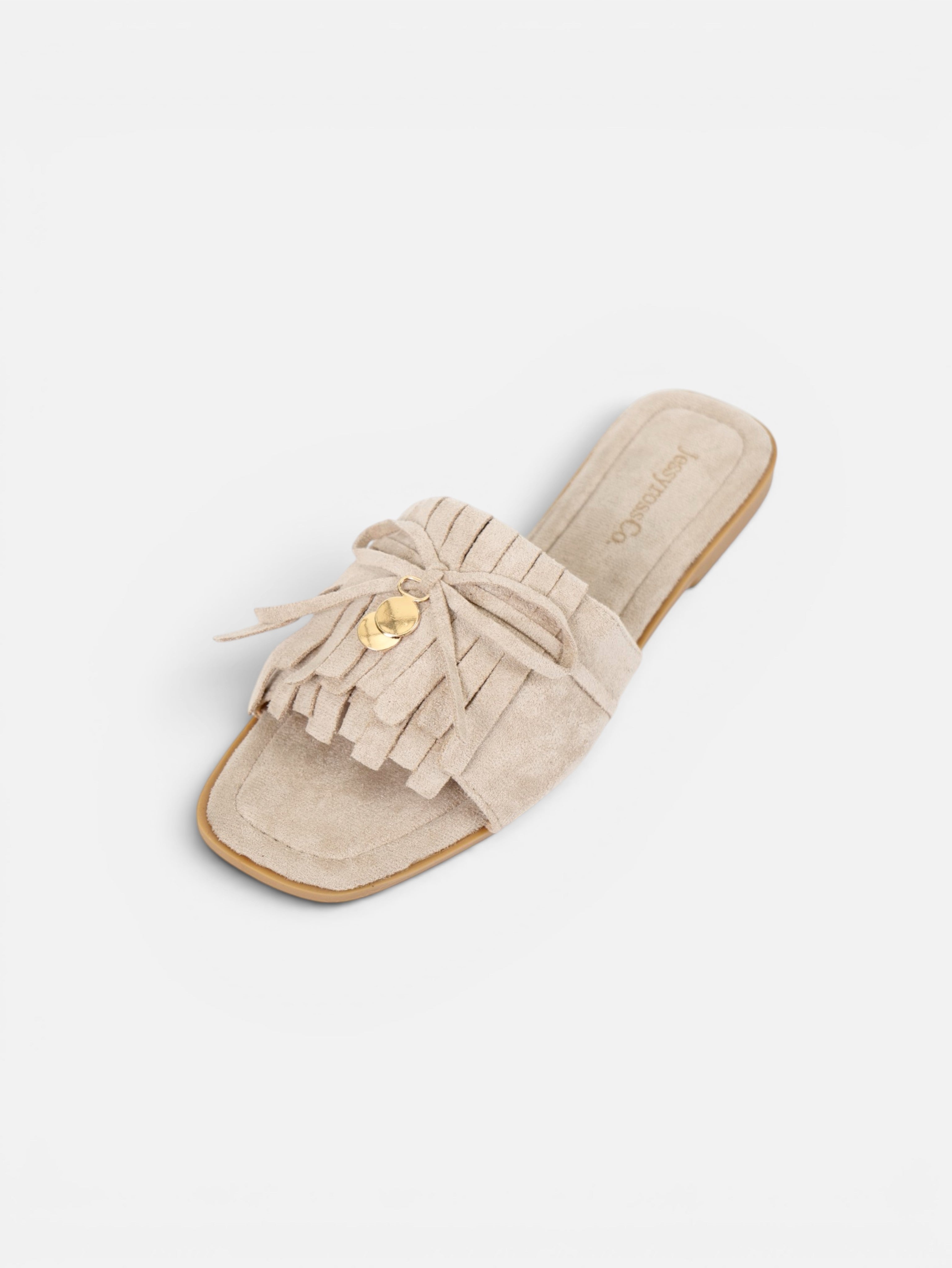 Sandalias planas tipo pala para mujer con flecos, lazo decorativo y plantilla acolchada