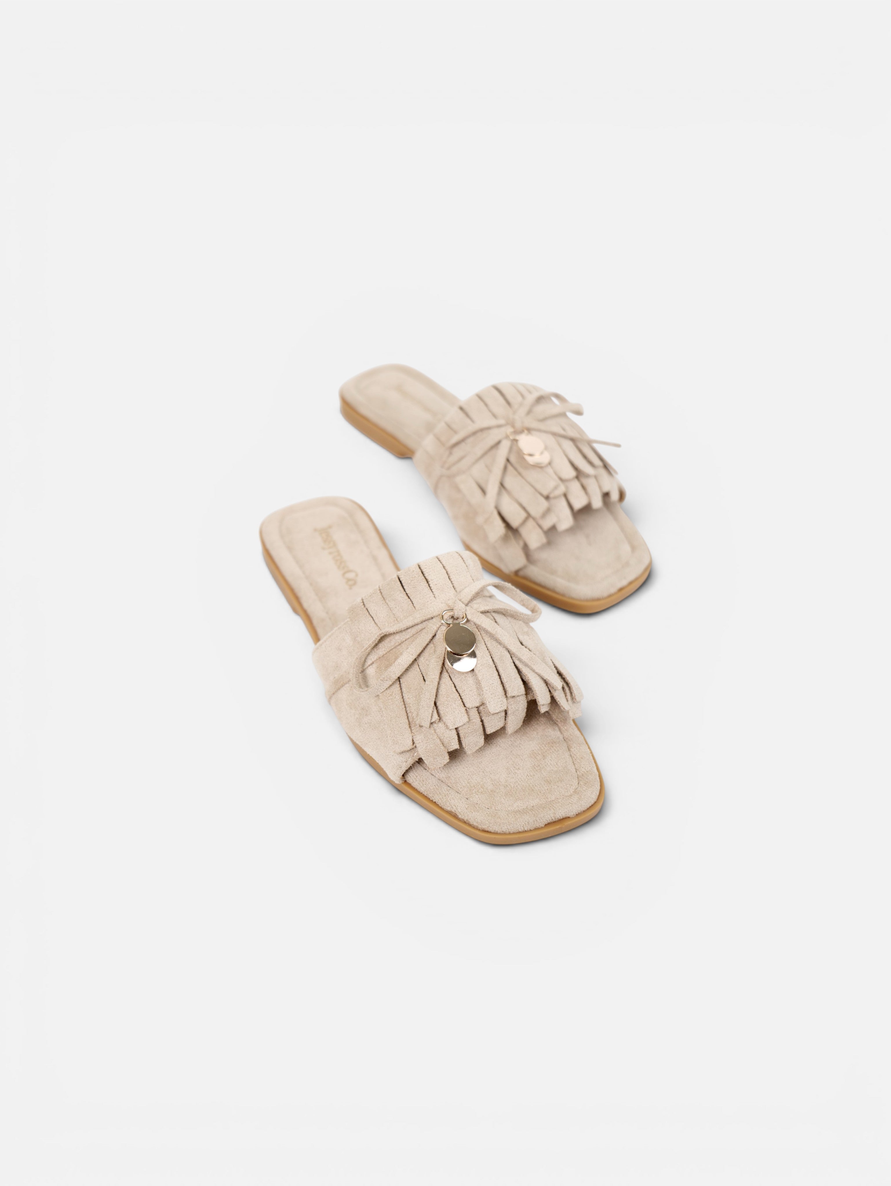 Sandalias planas tipo pala para mujer con flecos, lazo decorativo y plantilla acolchada
