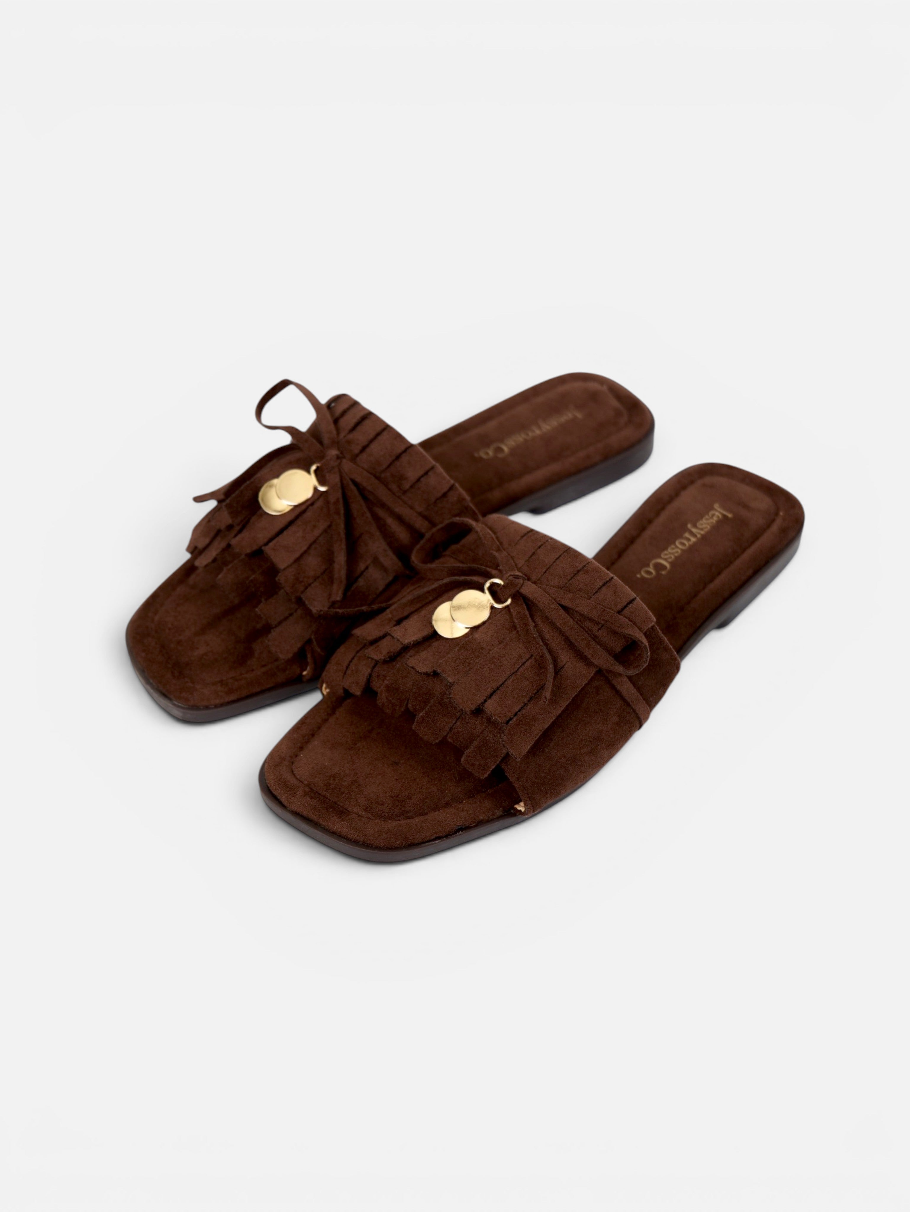 Sandalias planas tipo pala para mujer con flecos, lazo decorativo y plantilla acolchada