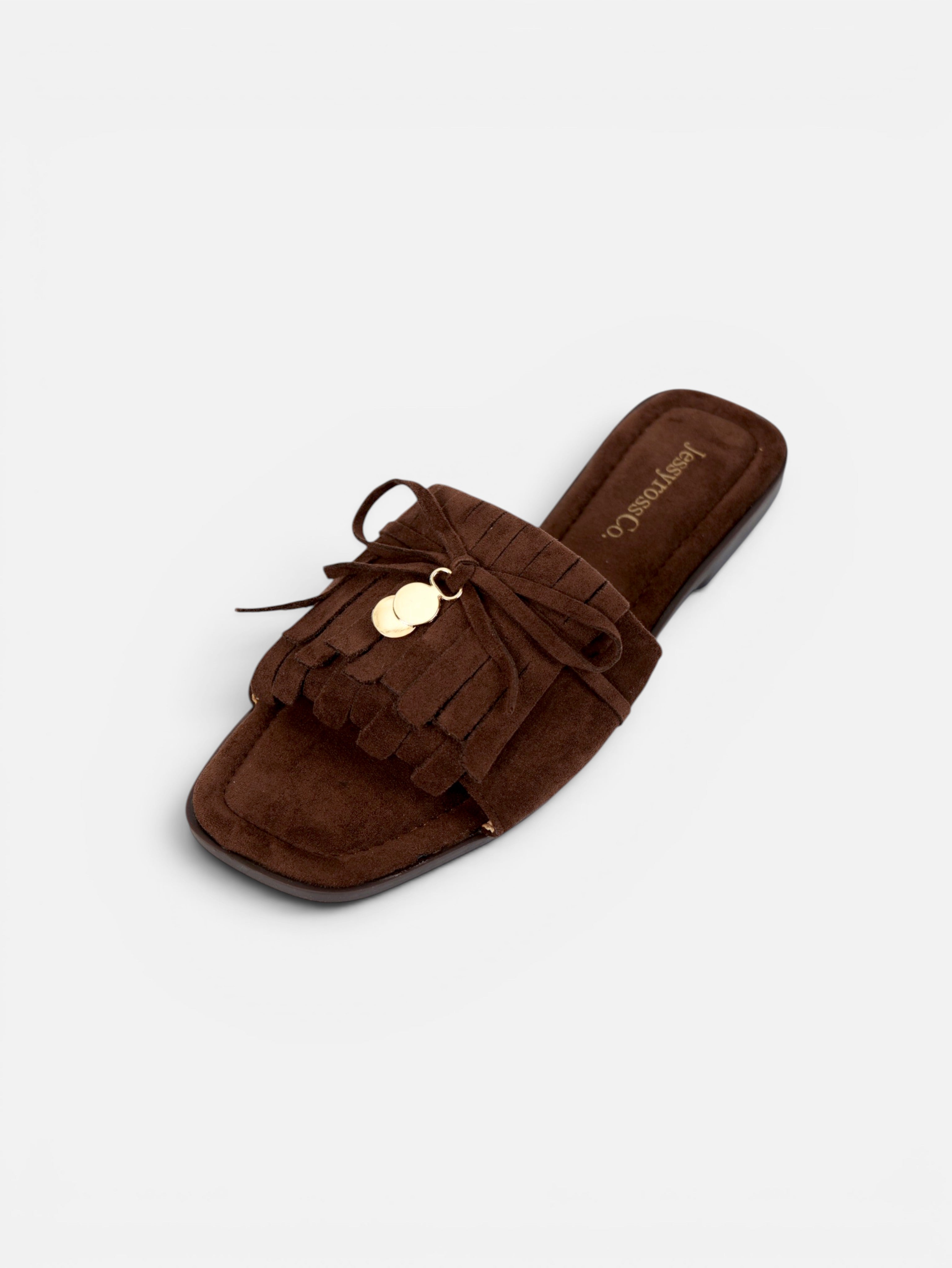 Sandalias planas tipo pala para mujer con flecos, lazo decorativo y plantilla acolchada