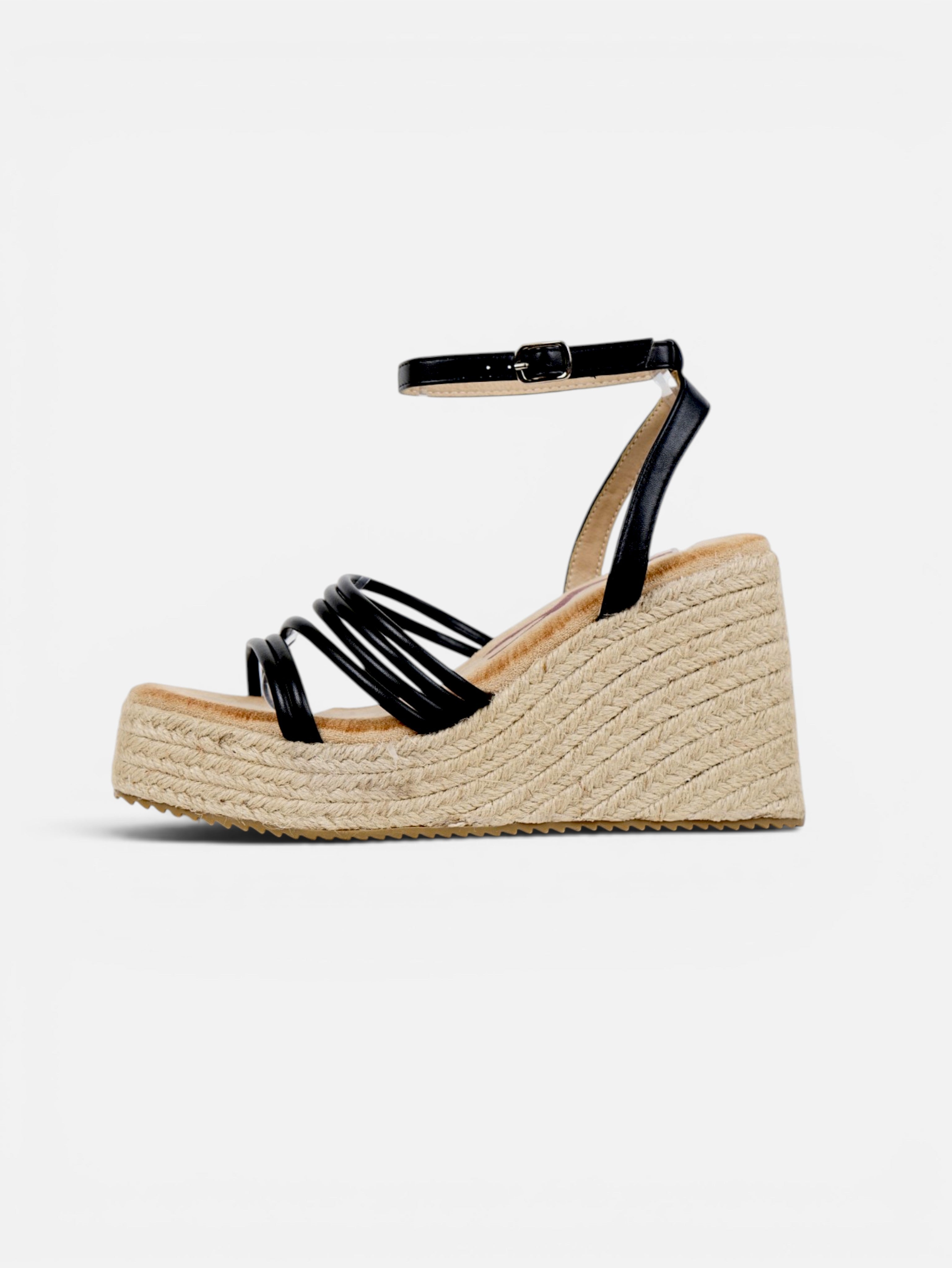 Sandalias de Cuña 6cm Doradas con Plataforma de Yute, Tiras Metálicas Múltiples y Pulsera al Tobillo para Eventos, Invitadas, Vacaciones y Looks de Verano