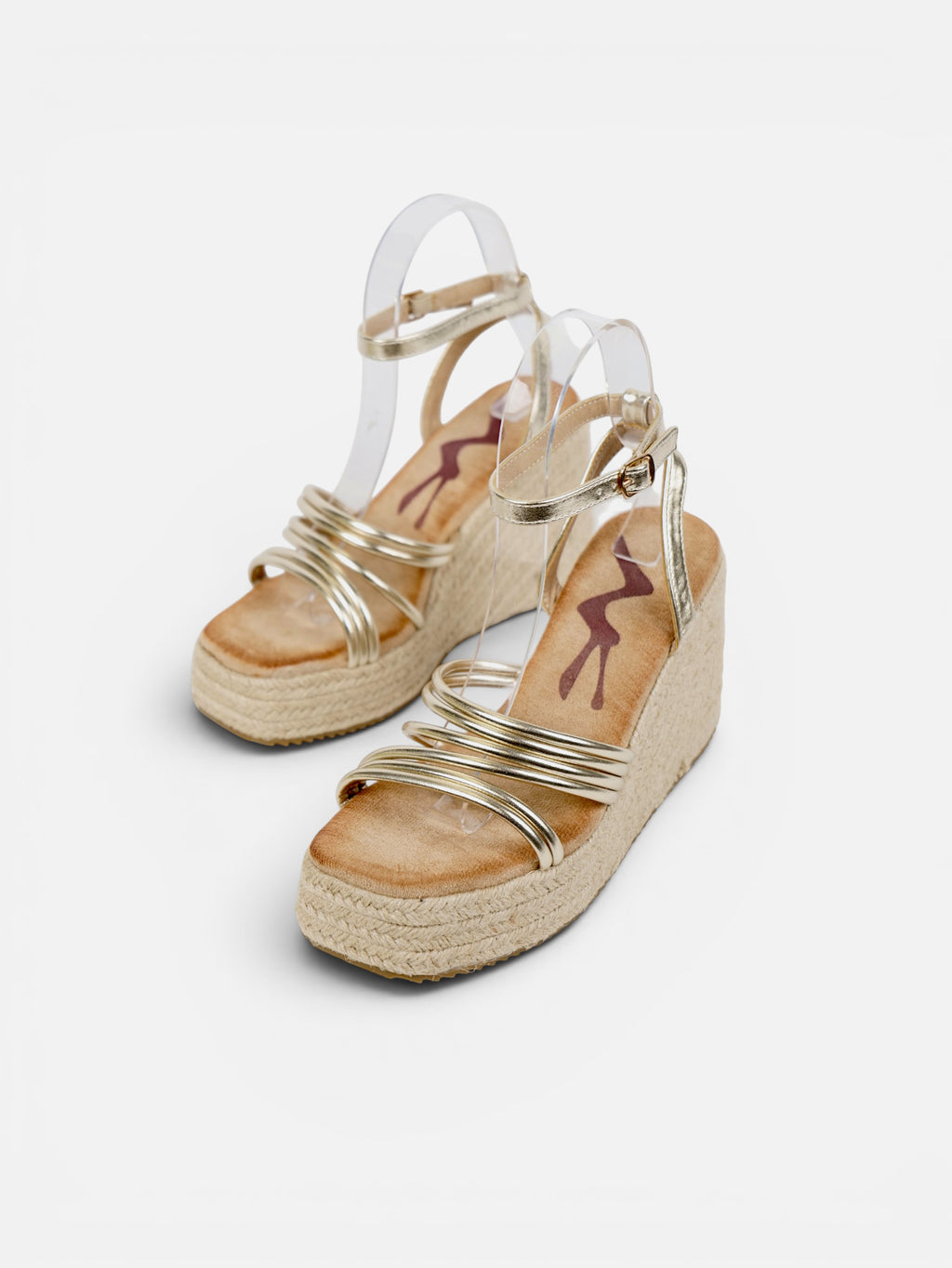 Sandalias de Cuña 6cm Doradas con Plataforma de Yute, Tiras Metálicas Múltiples y Pulsera al Tobillo para Eventos, Invitadas, Vacaciones y Looks de Verano
