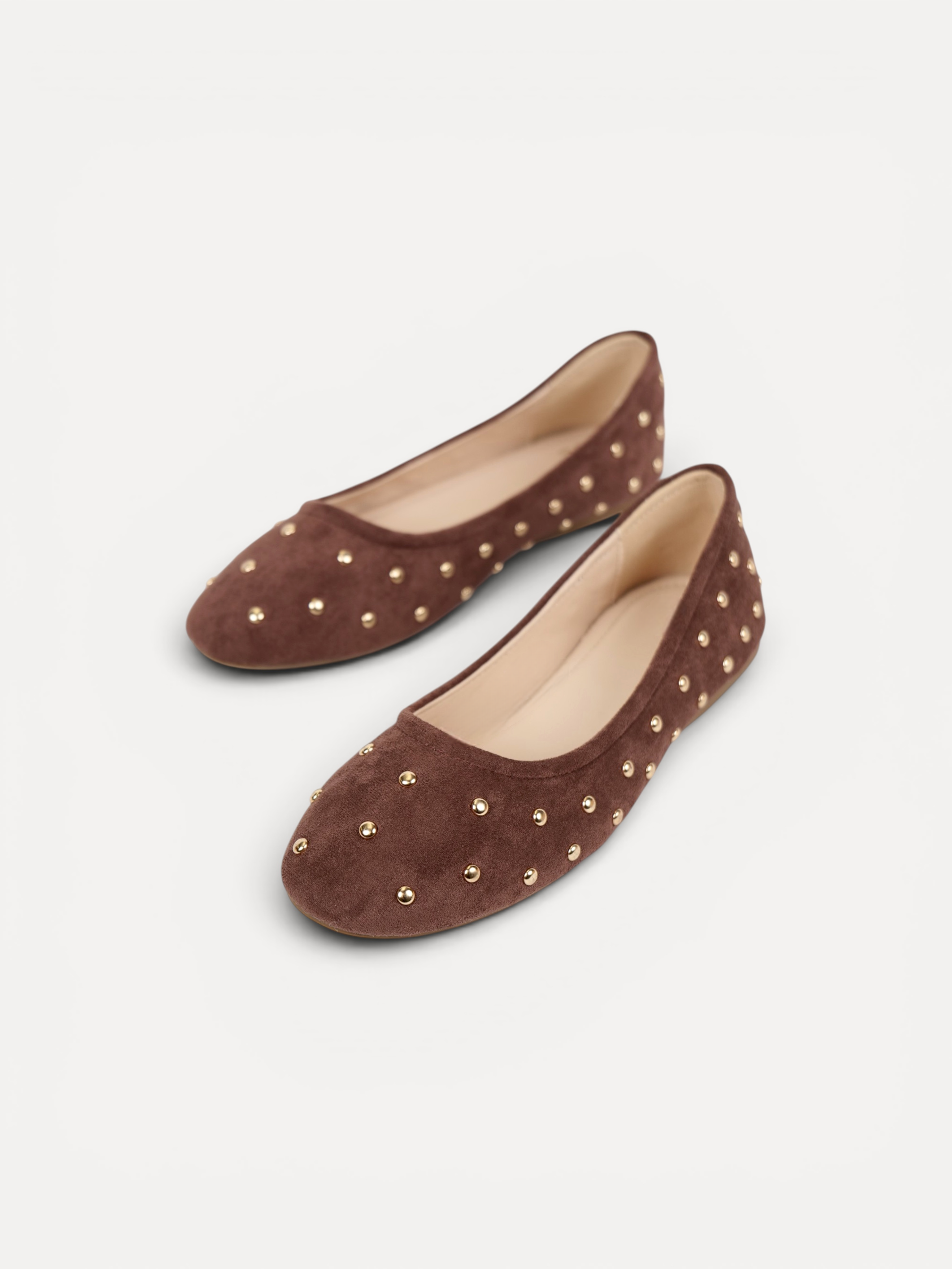 Manoletinas bailarinas con tachas doradas para mujer, zapato plano cómodo, punta redonda, gamuza sintética, plantilla acolchada, calzado casual elegante para diario, oficina, fiestas y eventos