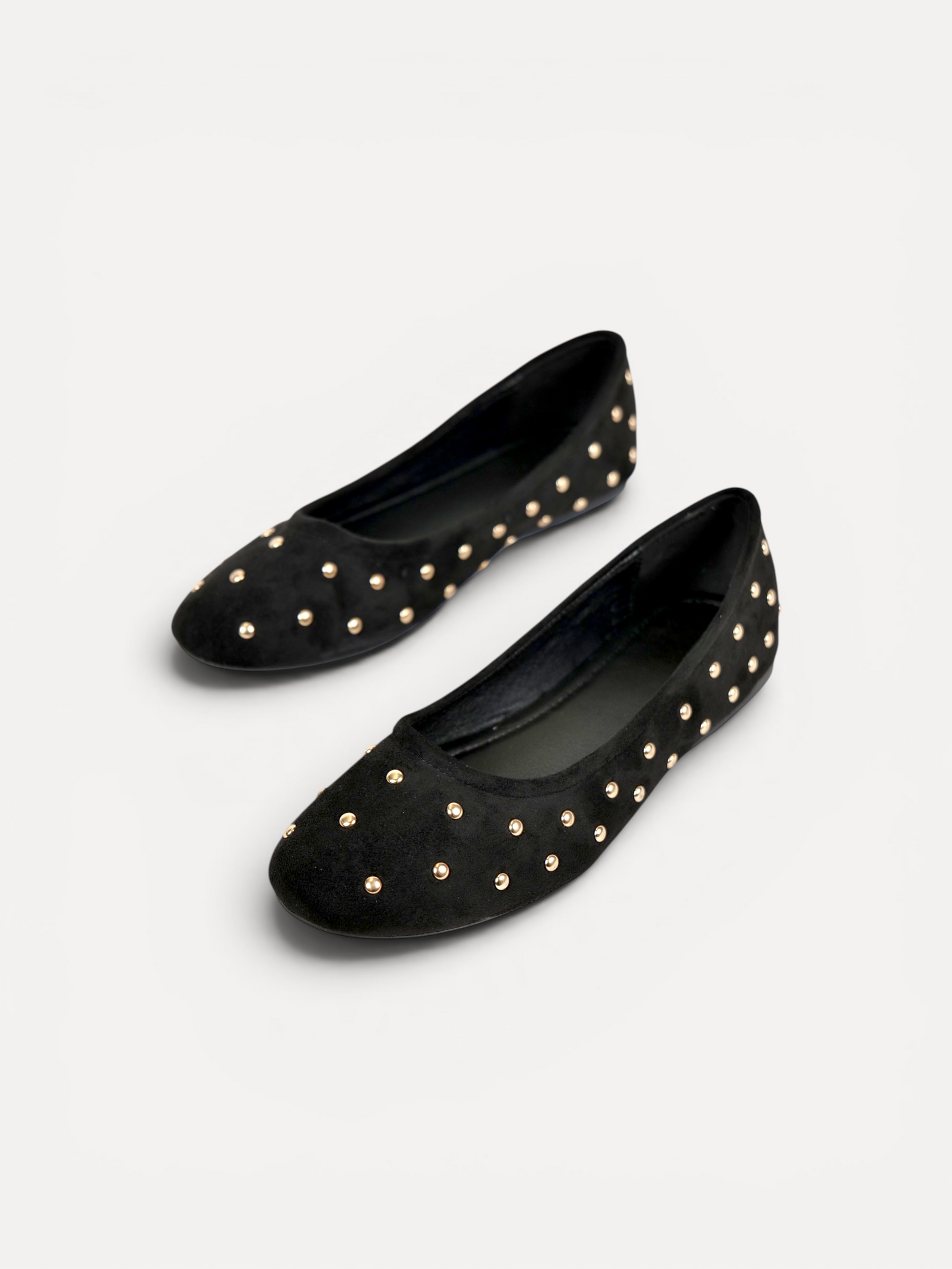 Manoletinas bailarinas con tachas doradas para mujer, zapato plano cómodo, punta redonda, gamuza sintética, plantilla acolchada, calzado casual elegante para diario, oficina, fiestas y eventos