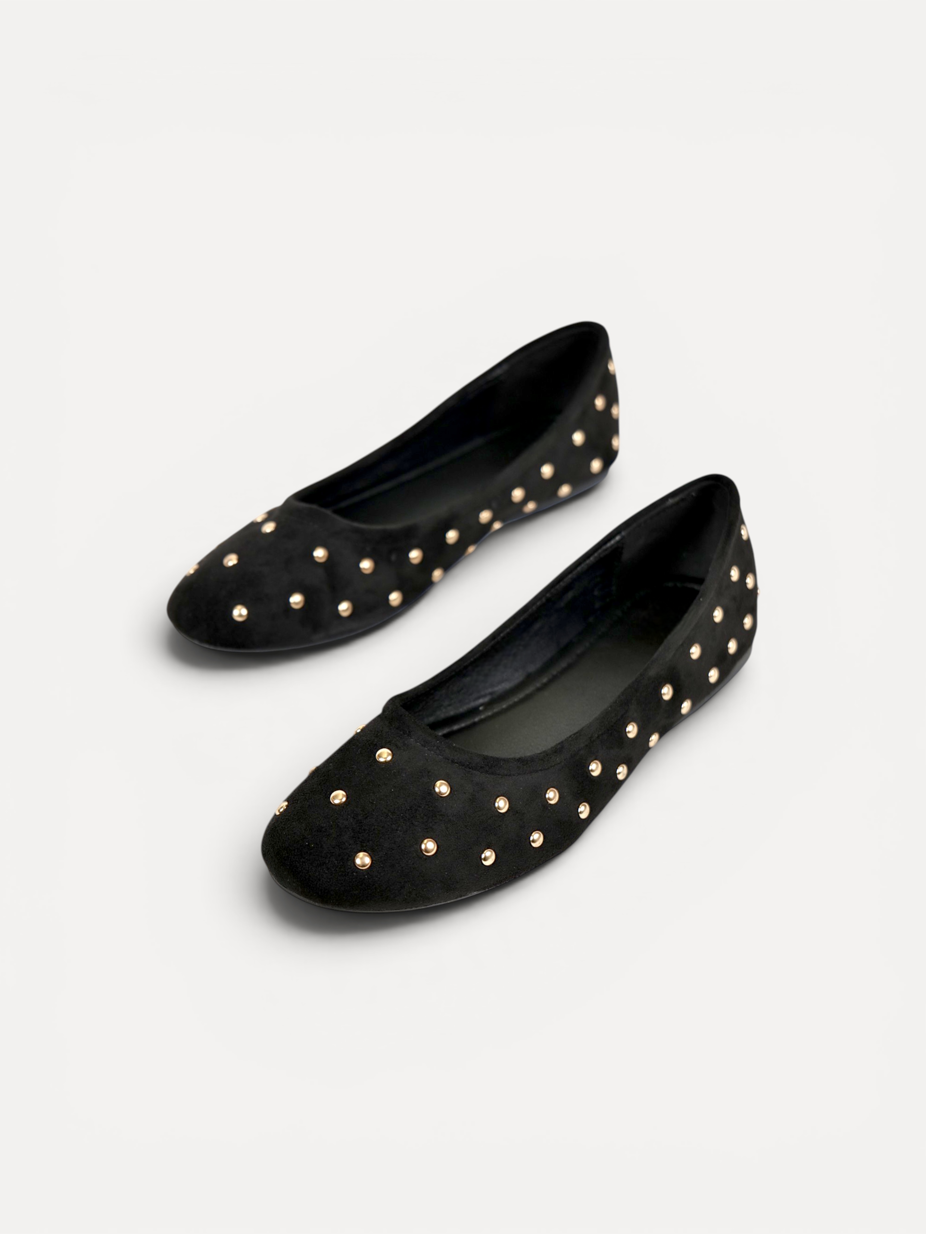 Manoletinas bailarinas con tachas doradas para mujer, zapato plano cómodo, punta redonda, gamuza sintética, plantilla acolchada, calzado casual elegante para diario, oficina, fiestas y eventos