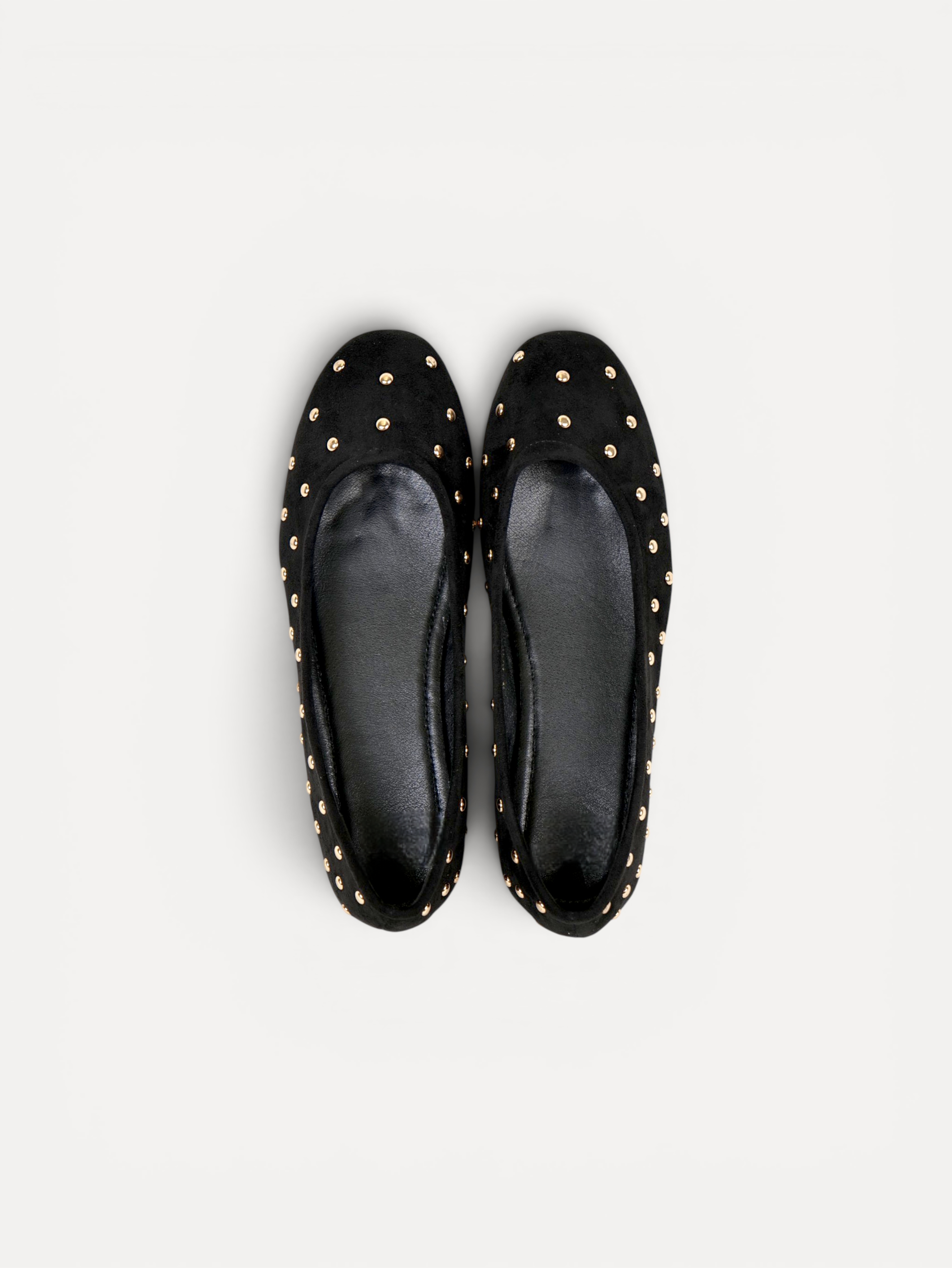 Manoletinas bailarinas con tachas doradas para mujer, zapato plano cómodo, punta redonda, gamuza sintética, plantilla acolchada, calzado casual elegante para diario, oficina, fiestas y eventos