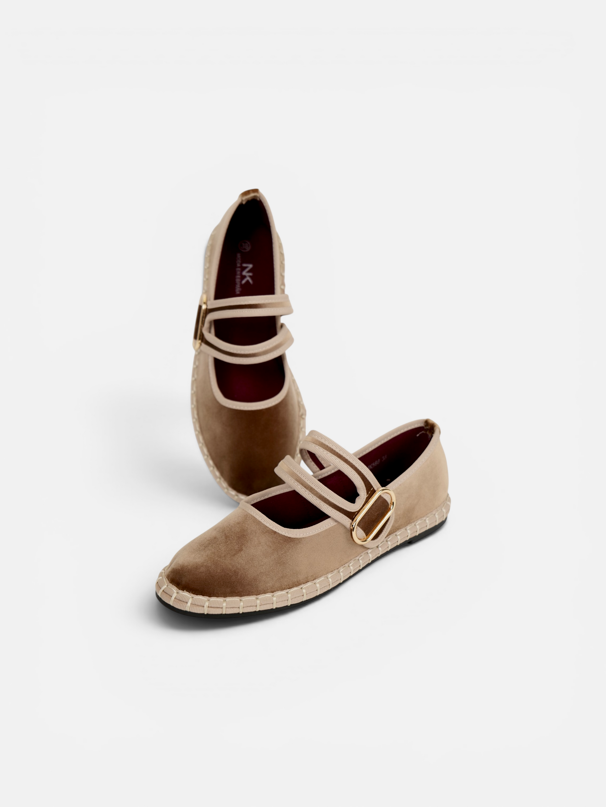 Merceditas terciopelo con doble tira para mujer, manoletinas bailarinas planas con velcro, hebilla dorada decorativa, plantilla textil acolchada extra, suela flexible y cómodas para diario
