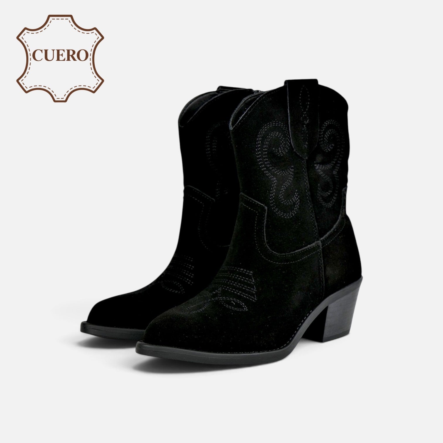 Botines cowboy de cuero para mujer botas camperas de piel, caña baja con bordados, Botas vaqueras tacón ancho, punta afilada, cómodos para otoño invierno