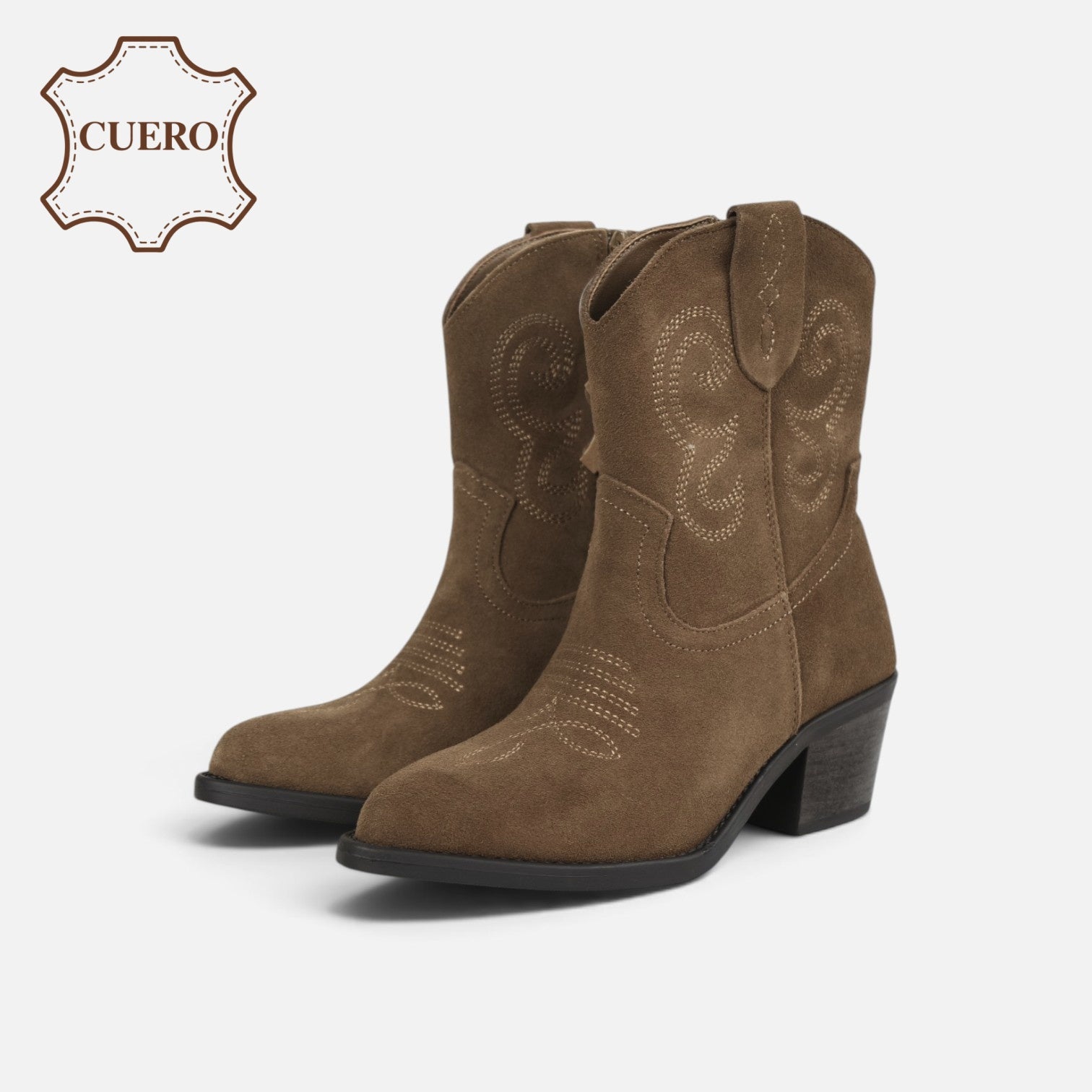 Botines cowboy de cuero para mujer botas camperas de piel, caña baja con bordados, Botas vaqueras tacón ancho, punta afilada, cómodos para otoño invierno