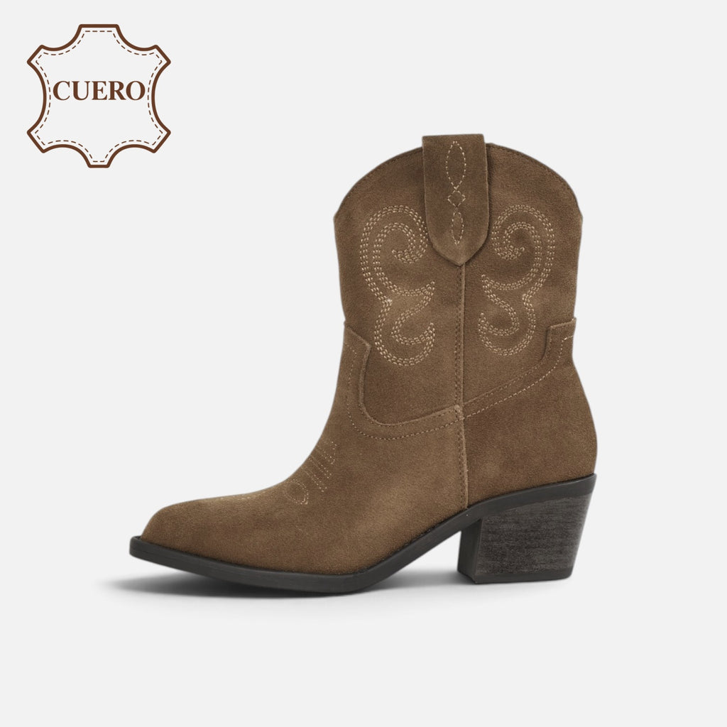 Botines cowboy de cuero para mujer botas camperas de piel, caña baja con bordados, Botas vaqueras tacón ancho, punta afilada, cómodos para otoño invierno