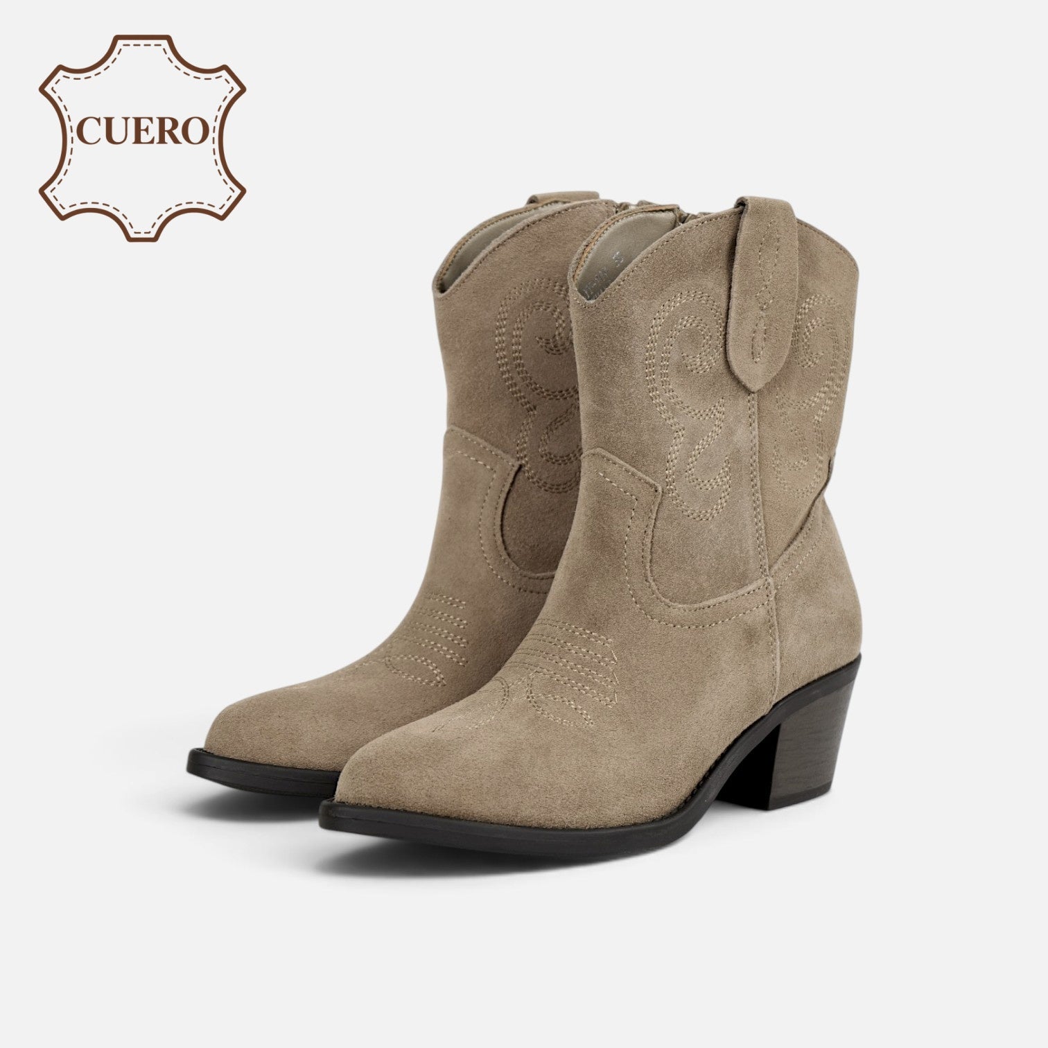 Botines cowboy de cuero para mujer botas camperas de piel, caña baja con bordados, Botas vaqueras tacón ancho, punta afilada, cómodos para otoño invierno