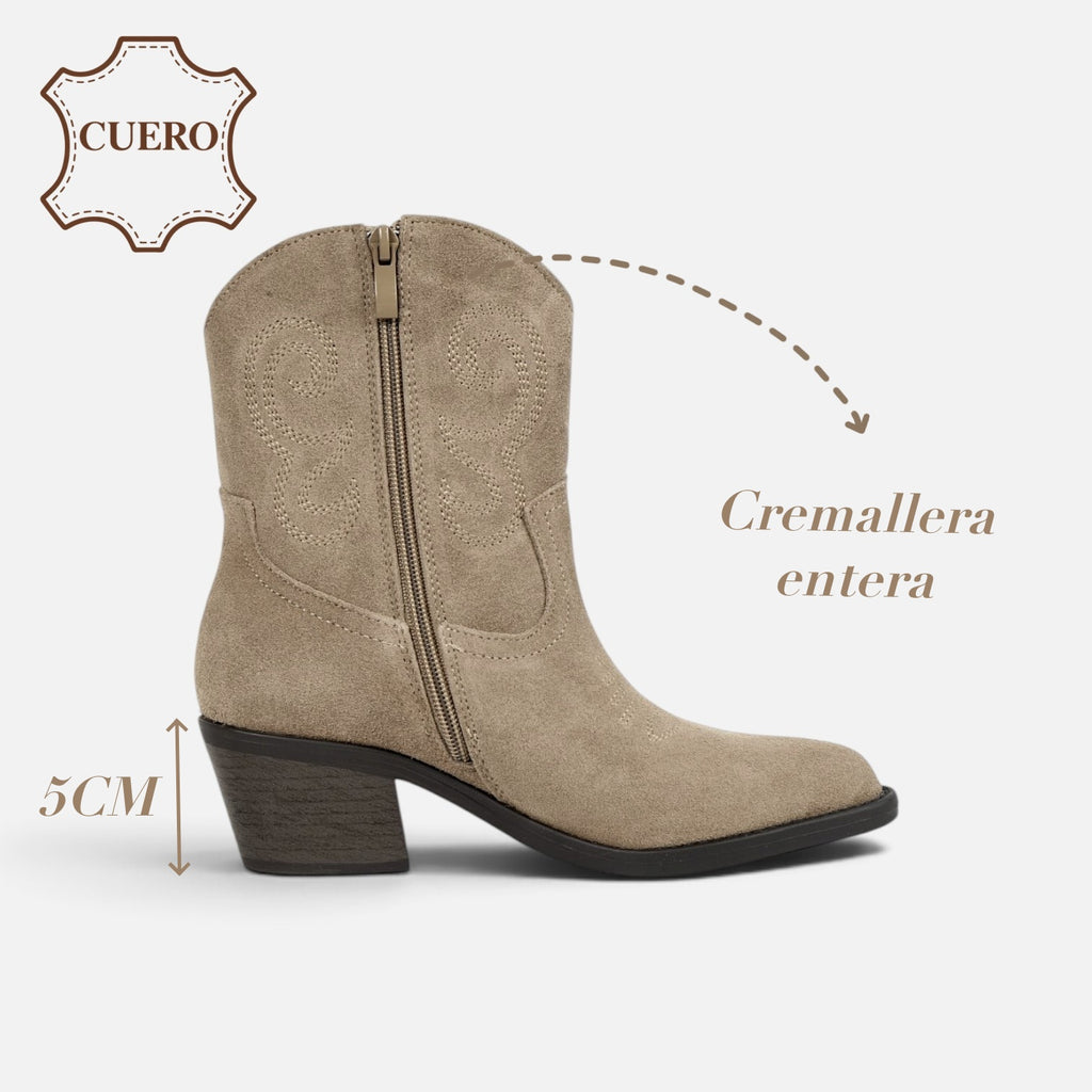 Botines cowboy de cuero para mujer botas camperas de piel, caña baja con bordados, Botas vaqueras tacón ancho, punta afilada, cómodos para otoño invierno