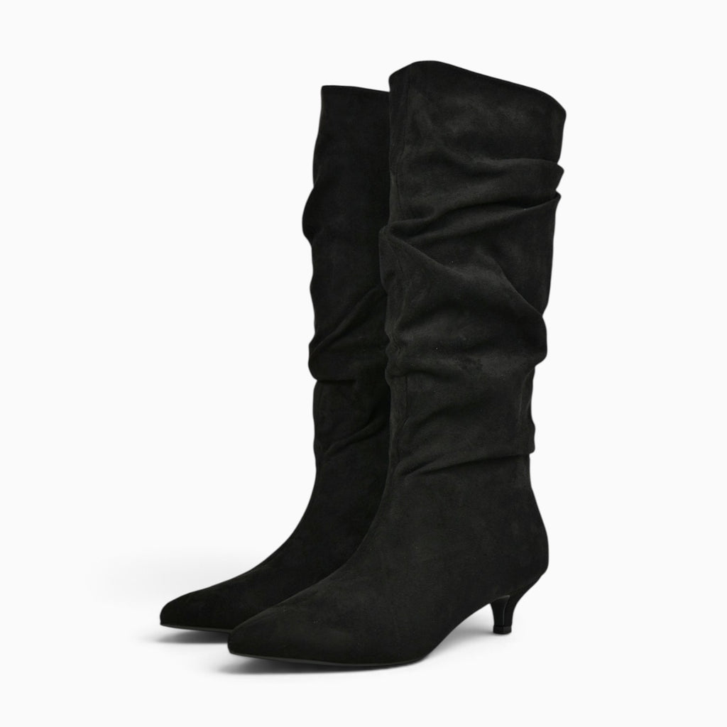 Botas altas fruncidas para mujer con tacón bajo, punta afilada, efecto ante, caña alta arrugada, botas elegantes cómodas otoño invierno