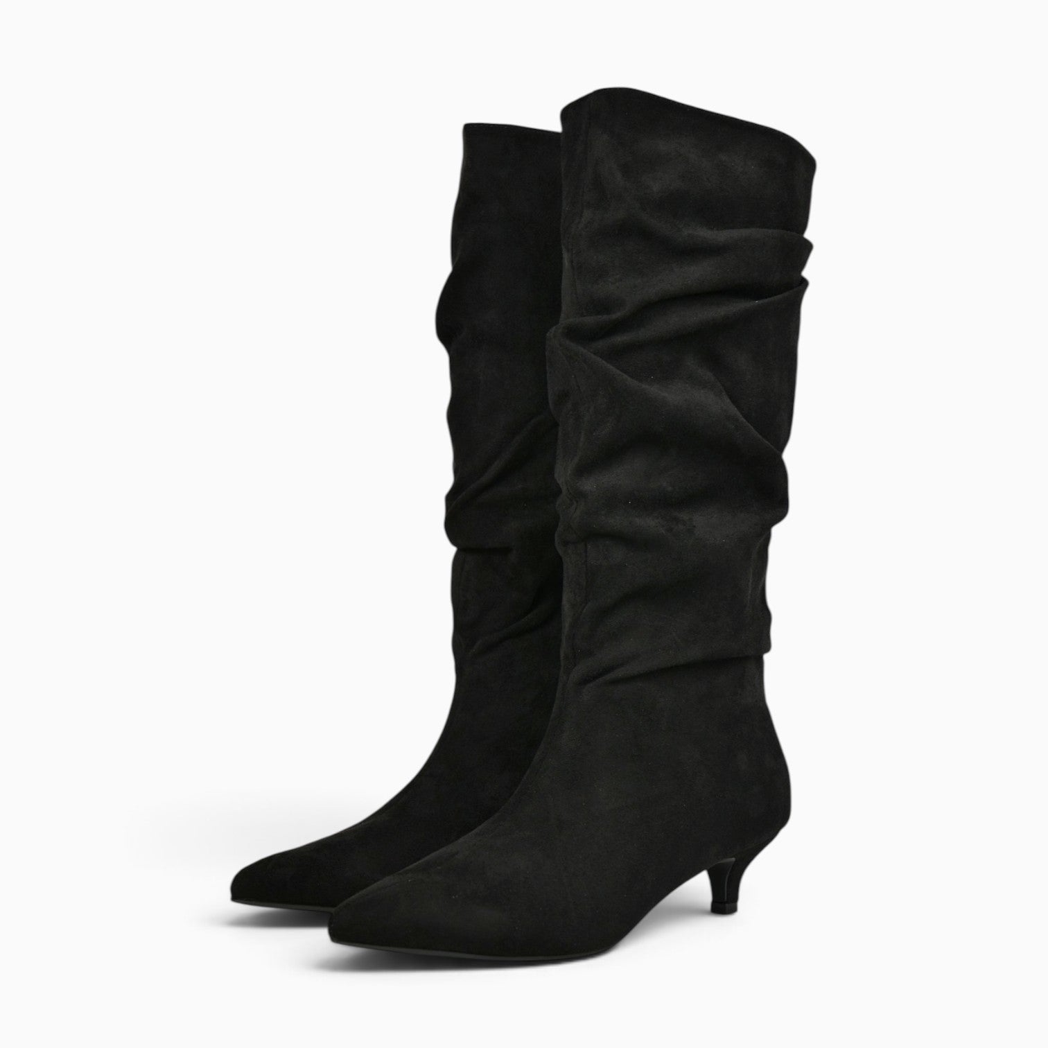 Botas altas fruncidas para mujer con tacón bajo, punta afilada, efecto ante, caña alta arrugada, botas elegantes cómodas otoño invierno