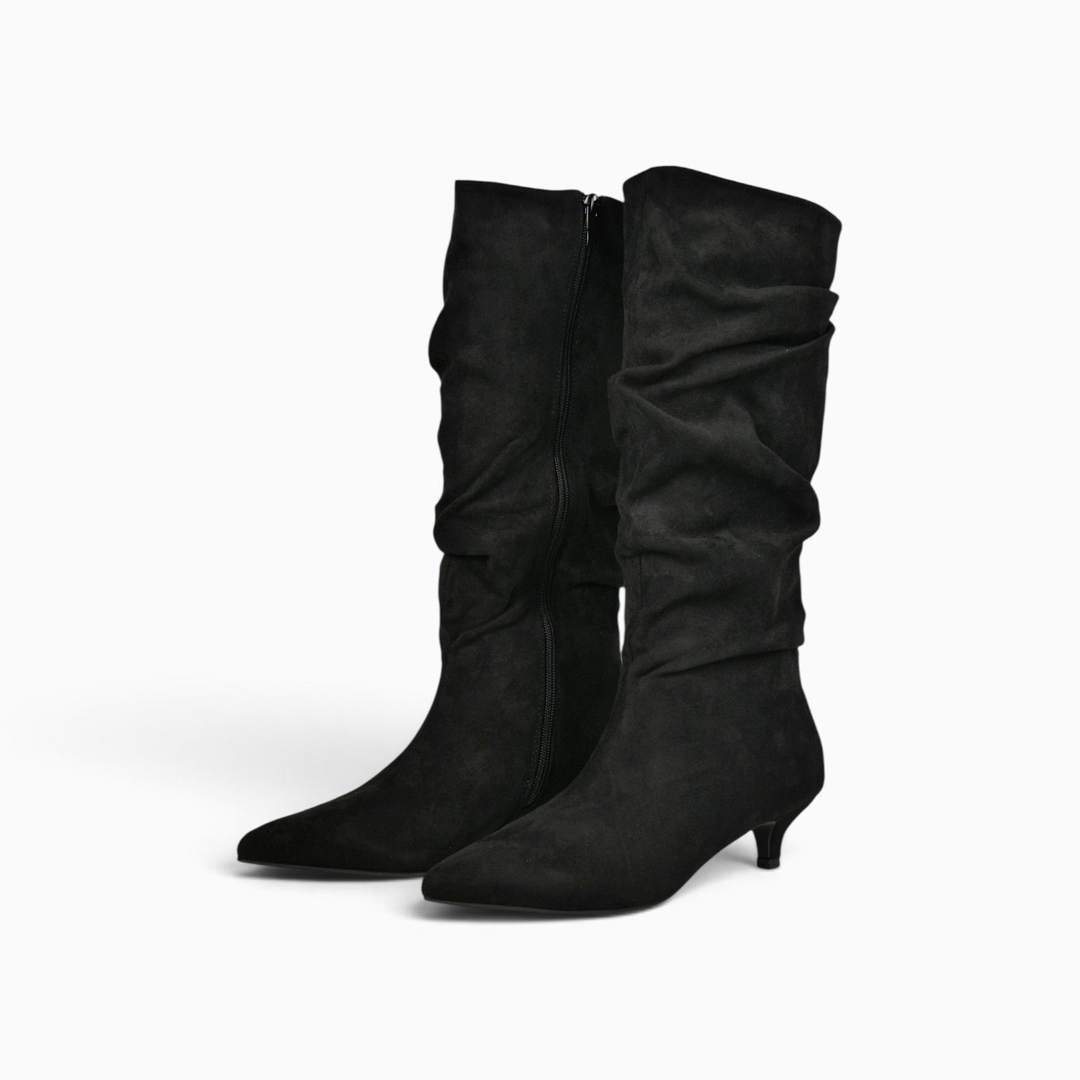 Botas altas fruncidas para mujer con tacón bajo, punta afilada, efecto ante, caña alta arrugada, botas elegantes cómodas otoño invierno