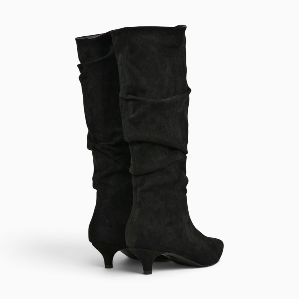 Botas altas fruncidas para mujer con tacón bajo, punta afilada, efecto ante, caña alta arrugada, botas elegantes cómodas otoño invierno