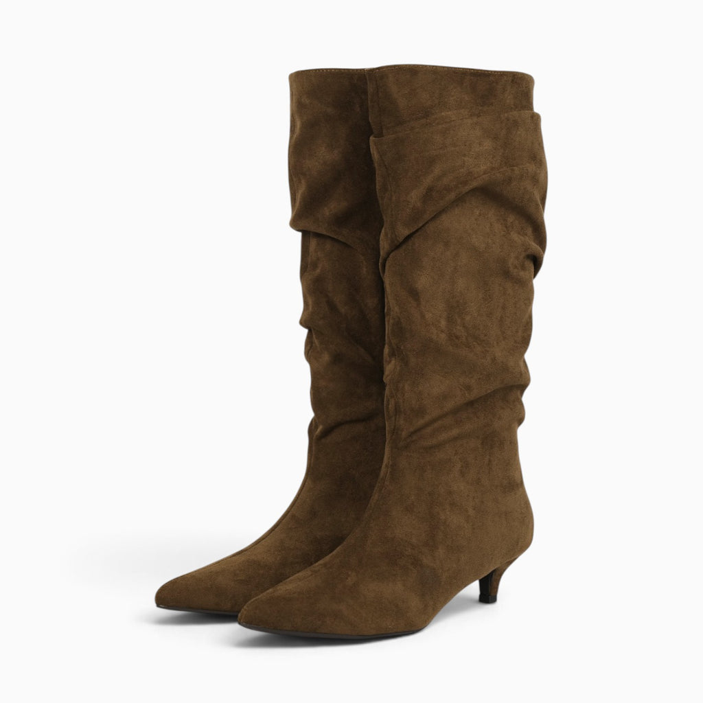 Botas altas fruncidas para mujer con tacón bajo, punta afilada, efecto ante, caña alta arrugada, botas elegantes cómodas otoño invierno