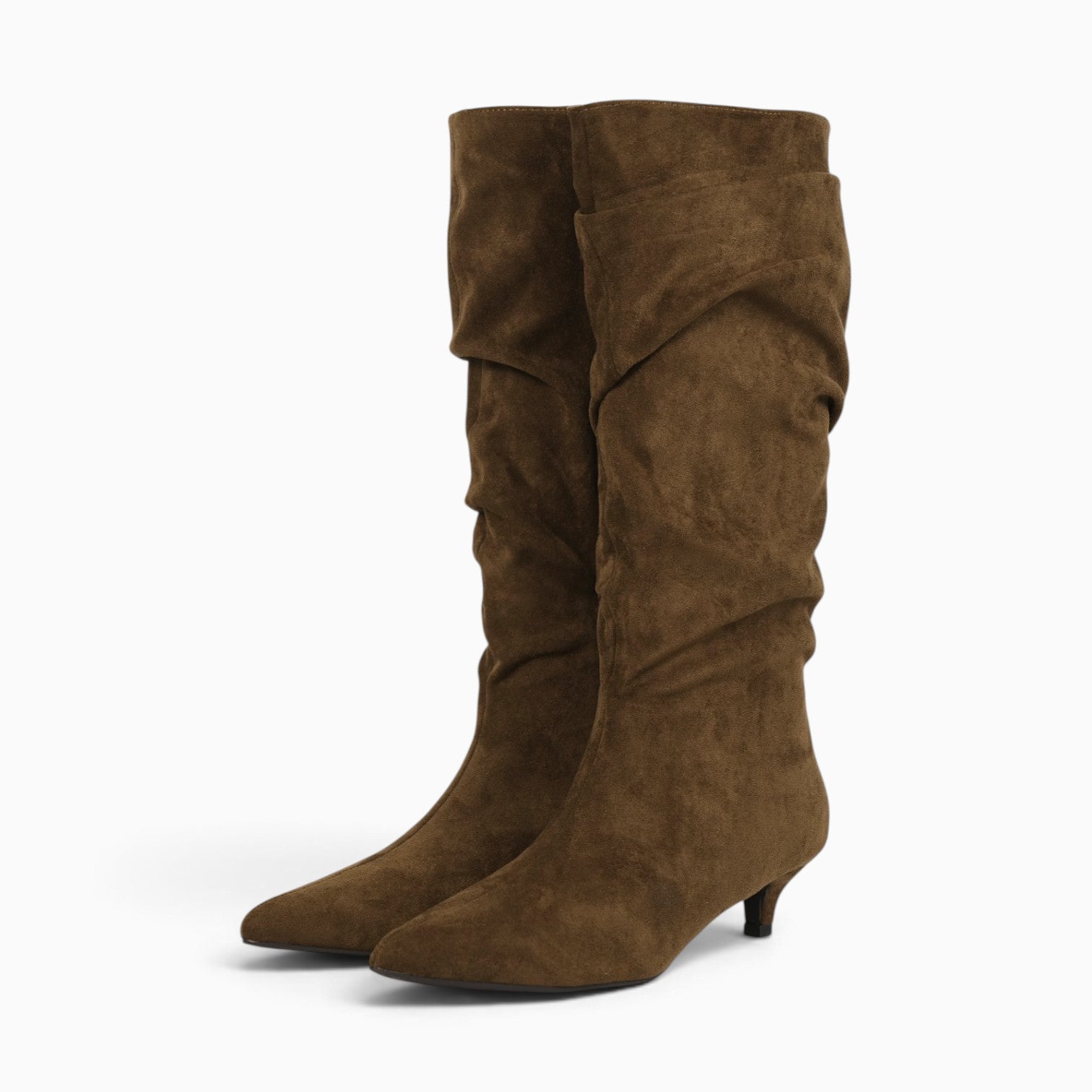 Botas altas fruncidas para mujer con tacón bajo, punta afilada, efecto ante, caña alta arrugada, botas elegantes cómodas otoño invierno