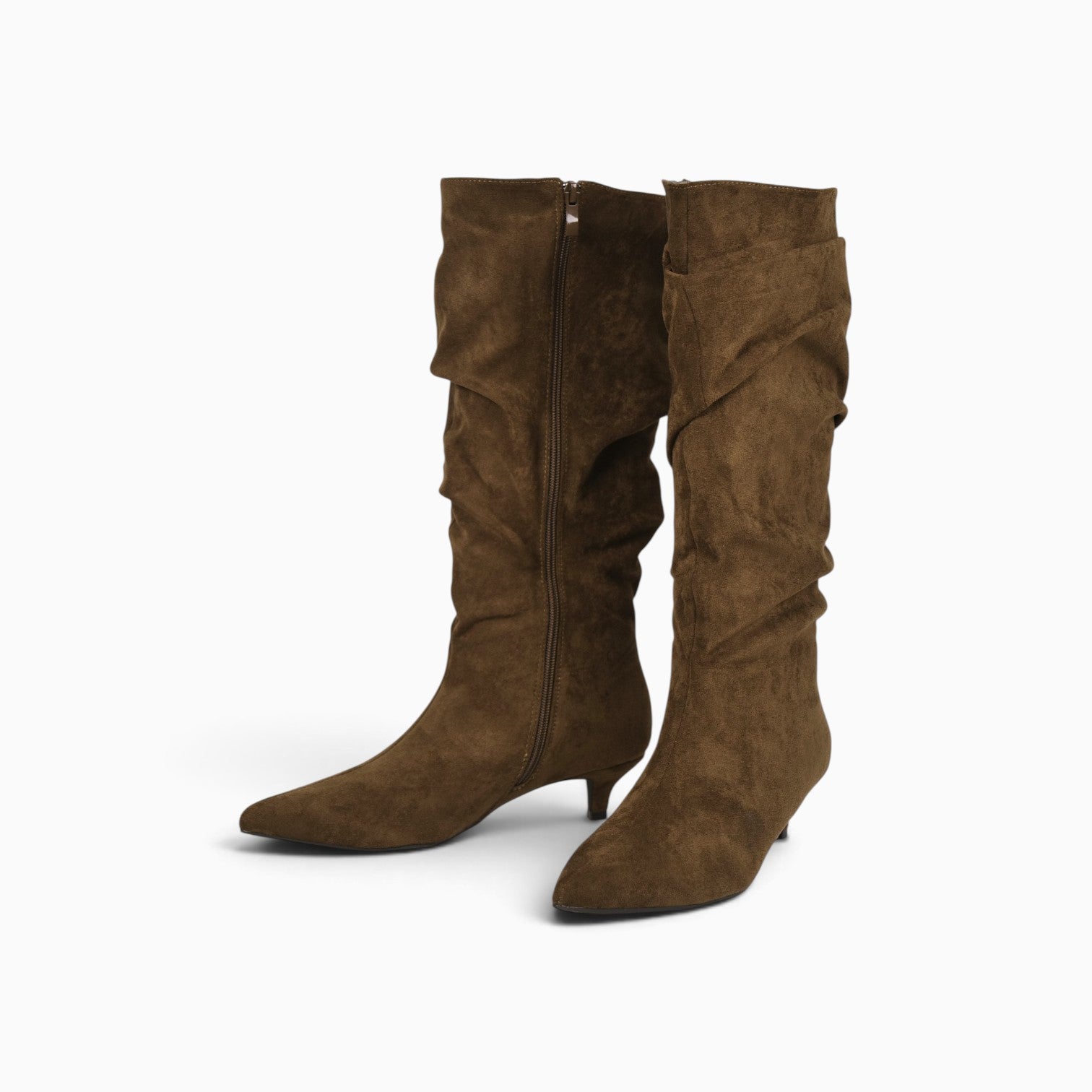 Botas altas fruncidas para mujer con tacón bajo, punta afilada, efecto ante, caña alta arrugada, botas elegantes cómodas otoño invierno