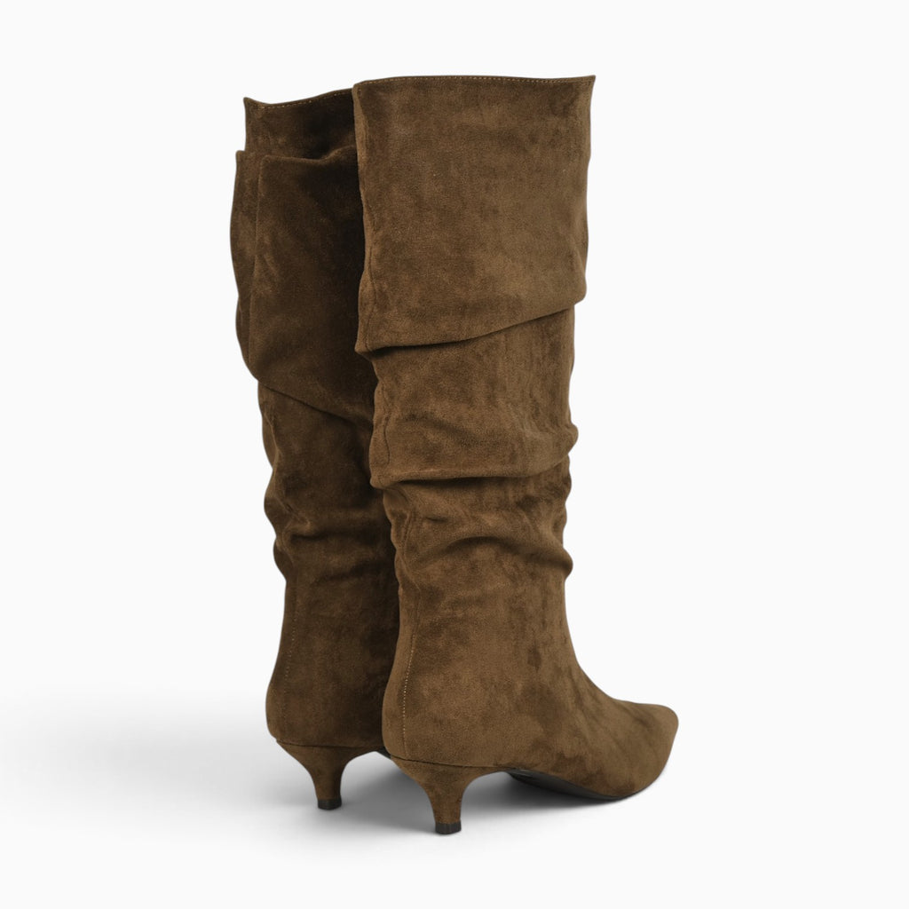 Botas altas fruncidas para mujer con tacón bajo, punta afilada, efecto ante, caña alta arrugada, botas elegantes cómodas otoño invierno