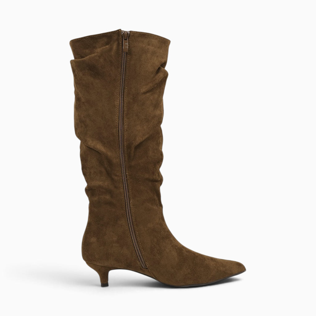 Botas altas fruncidas para mujer con tacón bajo, punta afilada, efecto ante, caña alta arrugada, botas elegantes cómodas otoño invierno