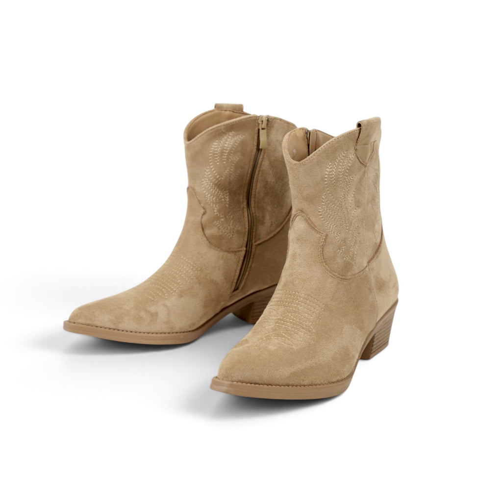 Botines cowboy bordados de gamuza sintética para mujer, botas camperas de caña media, tacón ancho, punta afilada, botas vaquetas cremallera lateral, cómodos para otoño invierno