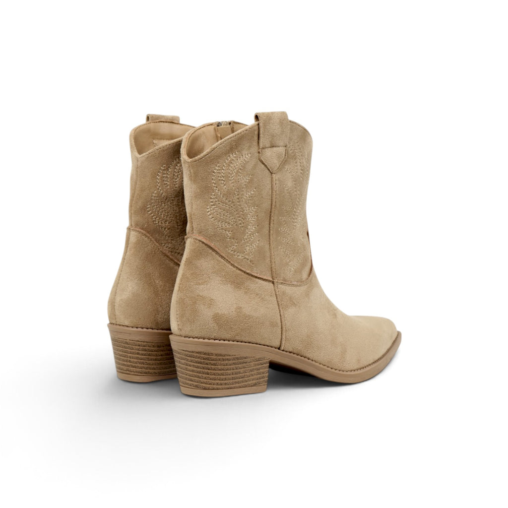 Botines cowboy bordados de gamuza sintética para mujer, botas camperas de caña media, tacón ancho, punta afilada, botas vaquetas cremallera lateral, cómodos para otoño invierno