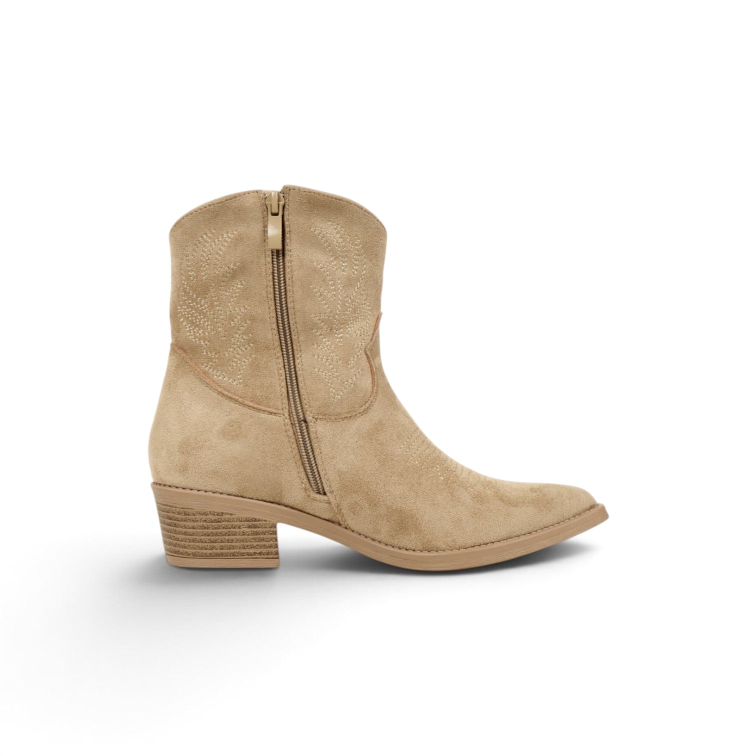 Botines cowboy bordados de gamuza sintética para mujer, botas camperas de caña media, tacón ancho, punta afilada, botas vaquetas cremallera lateral, cómodos para otoño invierno