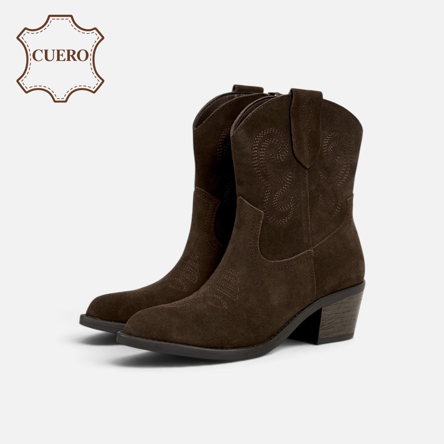 Botines cowboy de cuero para mujer botas camperas de piel, caña baja con bordados, Botas vaqueras tacón ancho, punta afilada, cómodos para otoño invierno
