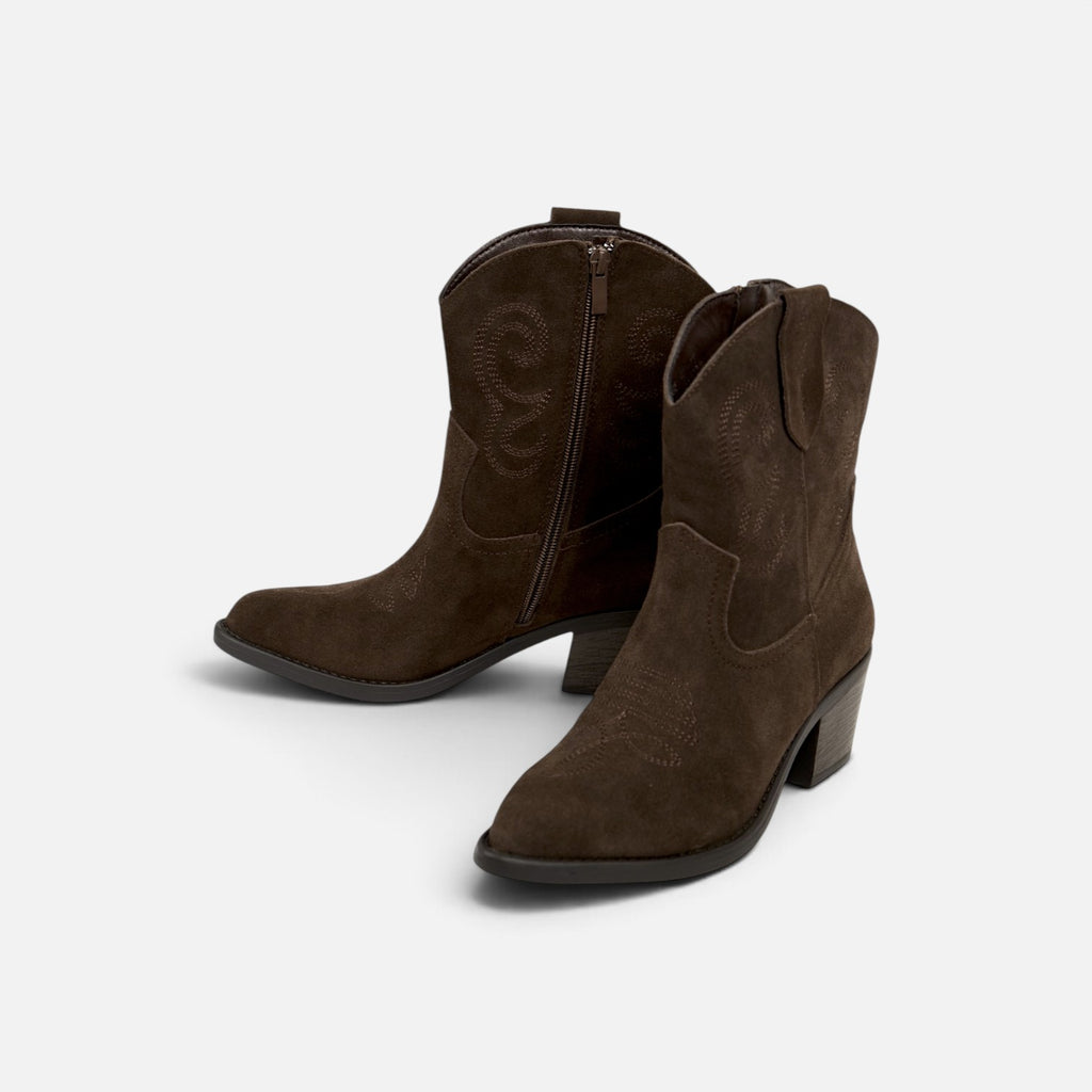 Botines cowboy de cuero para mujer botas camperas de piel, caña baja con bordados, Botas vaqueras tacón ancho, punta afilada, cómodos para otoño invierno