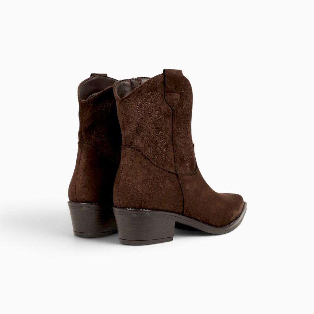 Botines cowboy bordados de gamuza sintética para mujer, botas camperas de caña media, tacón ancho, punta afilada, botas vaquetas cremallera lateral, cómodos para otoño invierno
