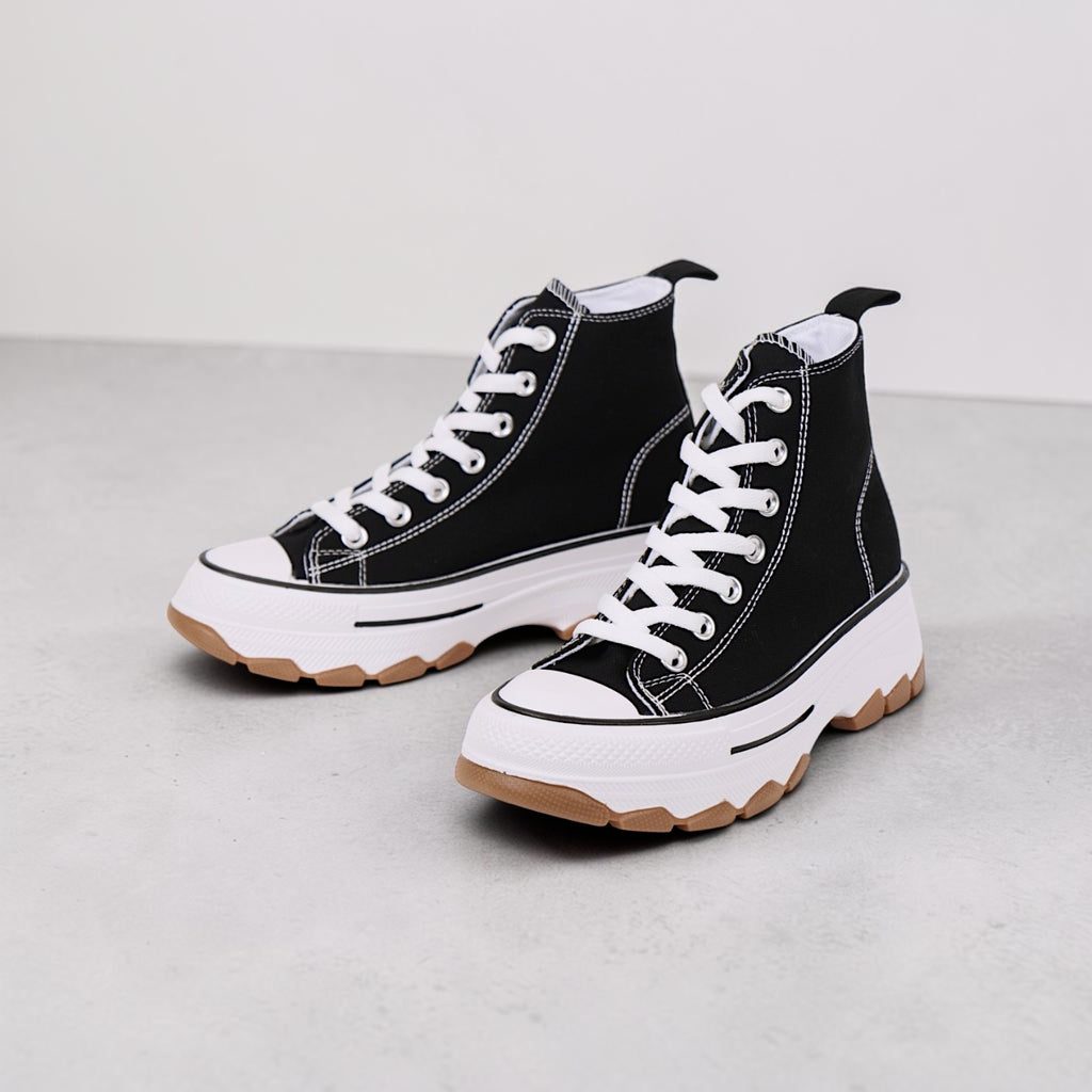 Zapatillas de lona para mujer con plataforma y cordones deportivas casual, suela gruesa dentada, puntera redonda, estilo urbano, negro y blanco